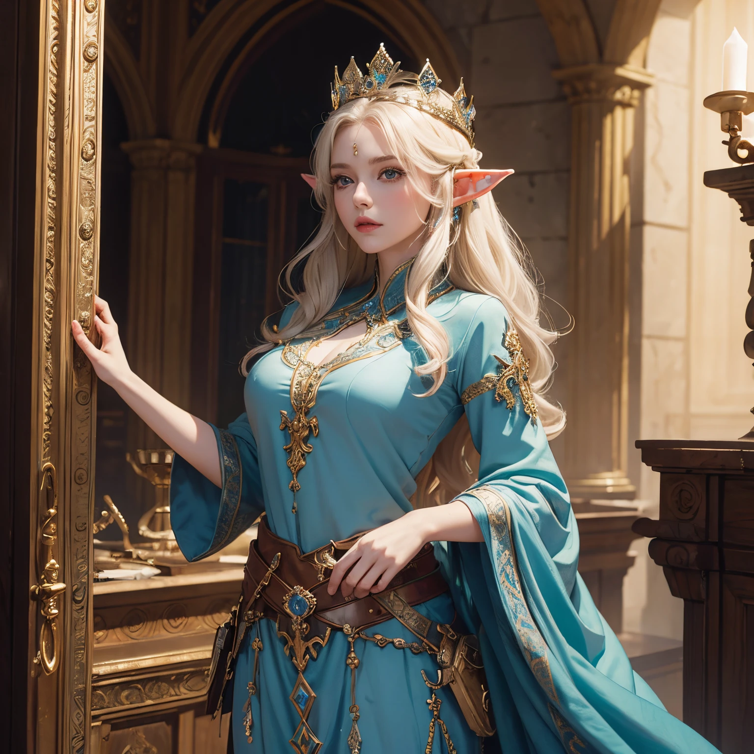 (masterpiece, best quality:1.2), cowboy shot, elf queen, pale skin, crown on head, royal dress, elegance