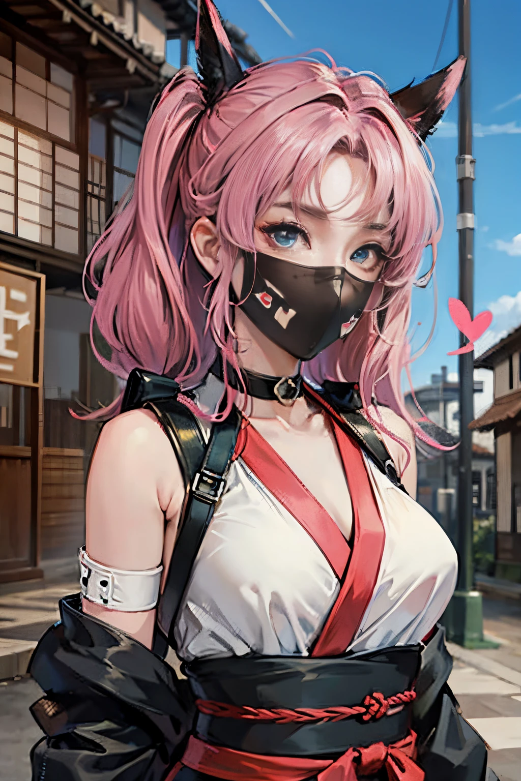 Best quality, Ultra detailed, best quality, insanely detailed, beautiful, masterpiece, 8k,
break
(full moon:1.2), red moon, Multiple circle patterned moon,
break
1lady, solo, pink hair, (short hair:1.2), (high ponytail :1.5), yellow ribon ,ultra deltailed iris, red eyes, ultra detailed eyes, triple circle patterned eyes, ninja wear, pink wear, yellow skirf, skirf covered mouth,
Break
Upper body, from front,
