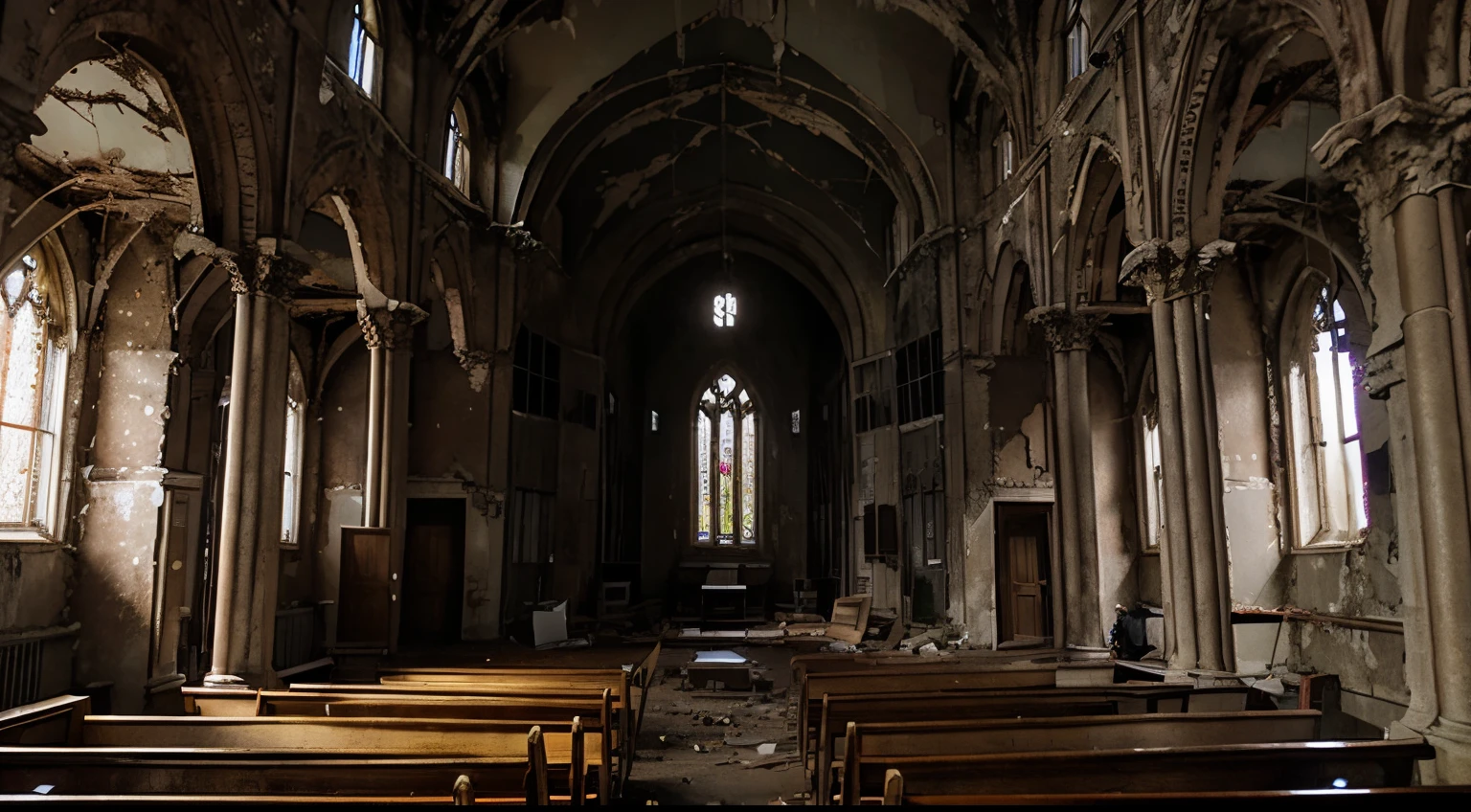 Beautiful gloomy abandoned dilapidated church, colored stained-glass windows, A large cross hangs from the ceiling, The vibrant, A thin beam of sunlight falls on the floor, White walls, Tile