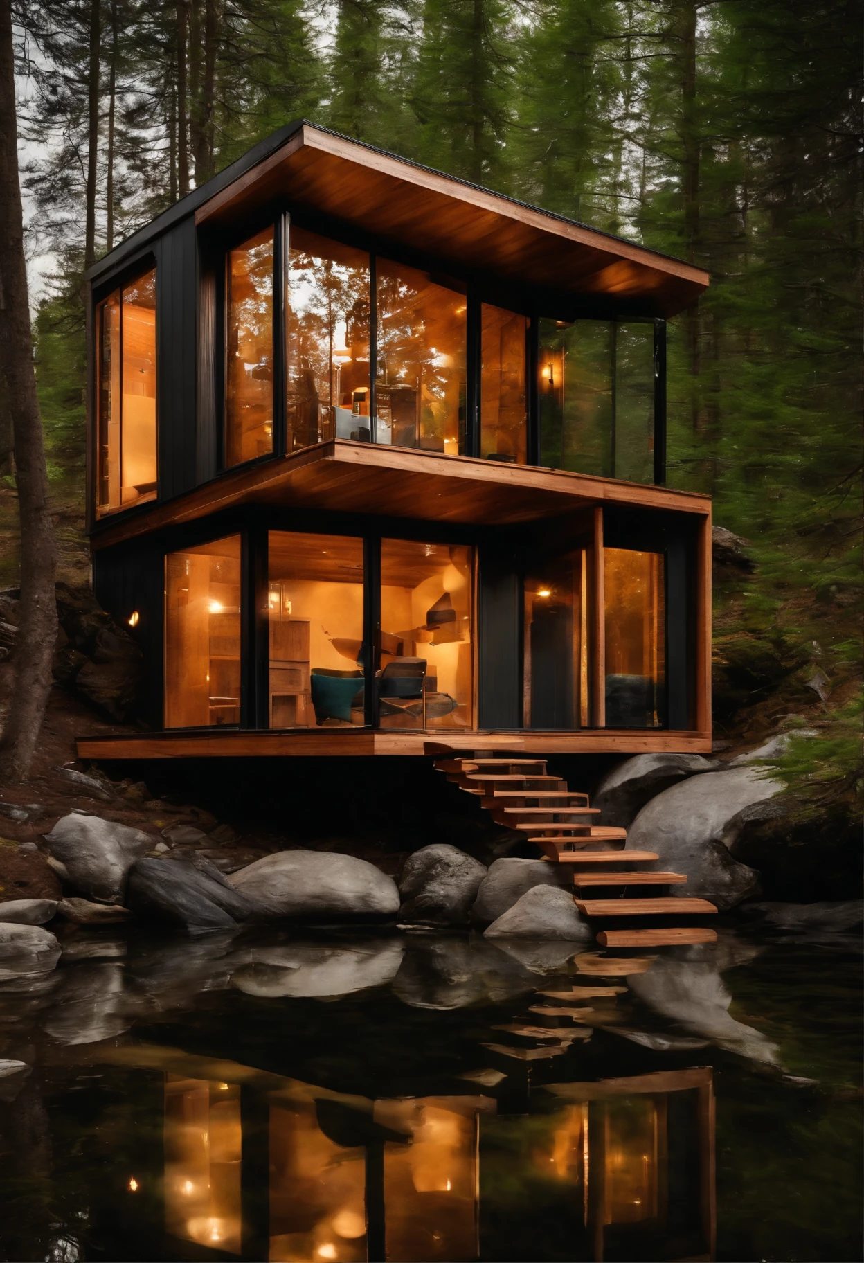 Exterior image of a tiny house duplex house in a Scandinavian nature, standing wood panel, avantgarde, panorama glass windows, forests, waterfall inside atrium, rocks, natural pond of water