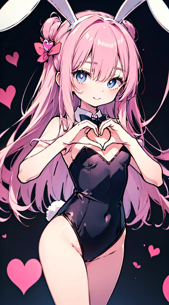 (8K、Top image quality、top-quality、​masterpiece)、1 ****、Pink hair long hair、Twin-tailed、light blue  eyes、evilsmile、show the grinps、Smaller chest、playboy bunny、heart hands、cowboy  shot、casino background