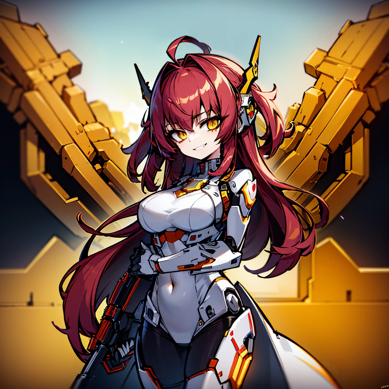 1Girl, red hair, medium hair, yellow eyes, smiling, robot girl, mecha girl, red metal armor, iron wings, holding cyberpunk rifle, robot floating, sunset, orange sky, 4k, masterpiece, HD