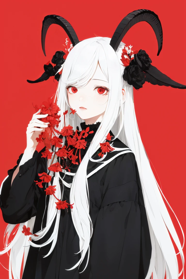 Masterpiece, Best Quality, flat color, limited palette, low contrast, 1girl, serafuku, Long straight white hair, Lycoris flower, Goat skull, (Red, black)
