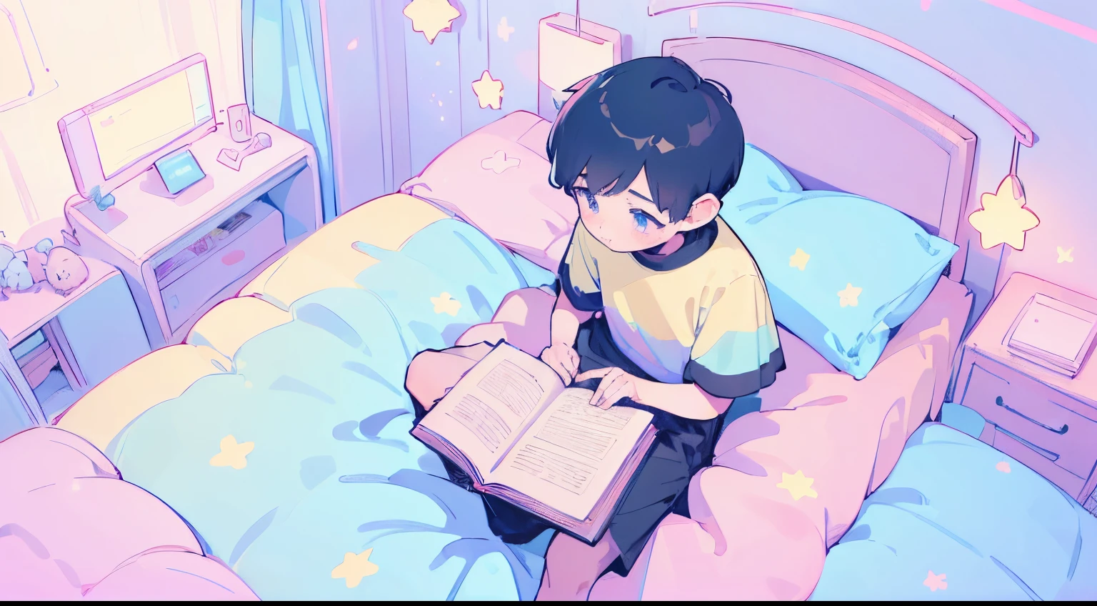 (((2 boys of the same age))),((2 boys sitting on bed)),they are sitting beside each other,black hair,reading a book, bedroom, cute room,((pastel colors)),kawaiitech,cute colors,kawaii,stars are hanging above bed,bedtime stories,pillows,soft toys,bedcover,masterpiece,((ultra detailed)),flat coloring,cute flat colors,((view from above))