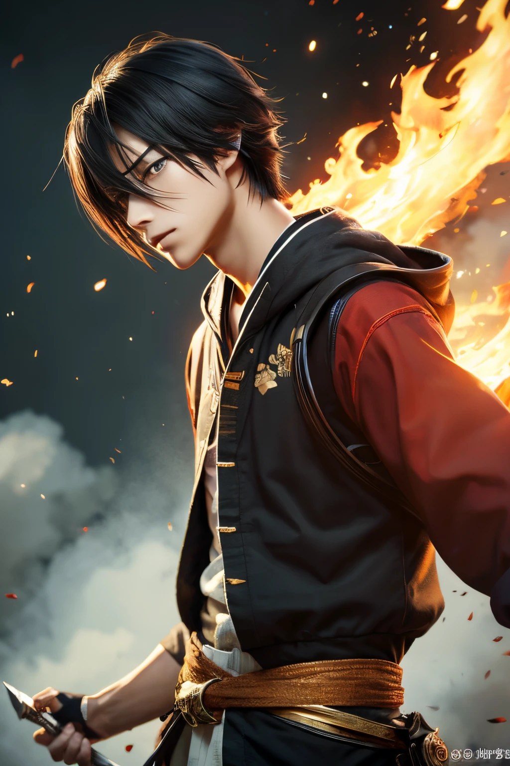 8K、独奏、appearance of the whole body、16Year old boy,Handsome boy,handsome boy with dark eyes,Black hair short bob hair,Black and red exterior,Golden decoration(Armed with a long Japanese sword)、facing the front there、ruins,magnificent artwork、((Kyoto panel painting style))、Wind effect:1.9、cloud effect:1.2、Full Rendering、Encaustic Painting、unrealengine、