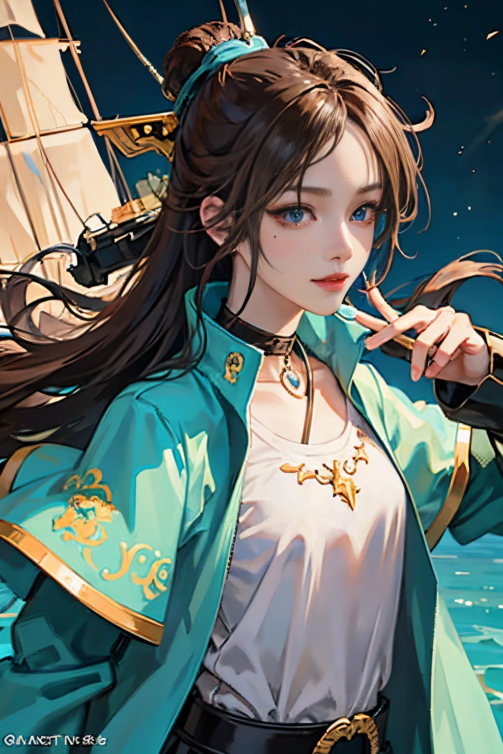 1人の女性、 watching at viewers、
,Her beautiful blue eyes, Twin-tailed brown hair, Moles under her eyes, Plump and glossy lips, Heart-shaped choker, Looking at the viewer, smiling at the viewer. .. .. .. .. .. .. .. .. .. .. .. .. .. .. .. .. .. .. .. .. .. .. .. .. .. .. .. .. .. .. .. .. .. .. .. .。.。.。.。.。.。.。.。.。.。.。.。.。.。.。.。.。.。.。.。.。.。.。.。.。.。.。.。.。.。.。.。.。.。.。.。.。.。.。.。.。.。.。.。.。.。.。.。.。.。.。.。.。.。.。.。.。.。.。.。.。.。.。.。.。.。.。.3D, cyberpunk style short clothes、Nami Style in Anime One Piece, of the highest quality, 8K, Detailed skin texture, Detailed Cloth Texture, beautifull detailed face, Intricate details, Pirate Ship、
Rim lighting, Side lighting, Cinematic lighting, Ultra high definition, 8K UHD, Film grain, Best Shadows, Delicate, Facing the viewer, gazing at viewer