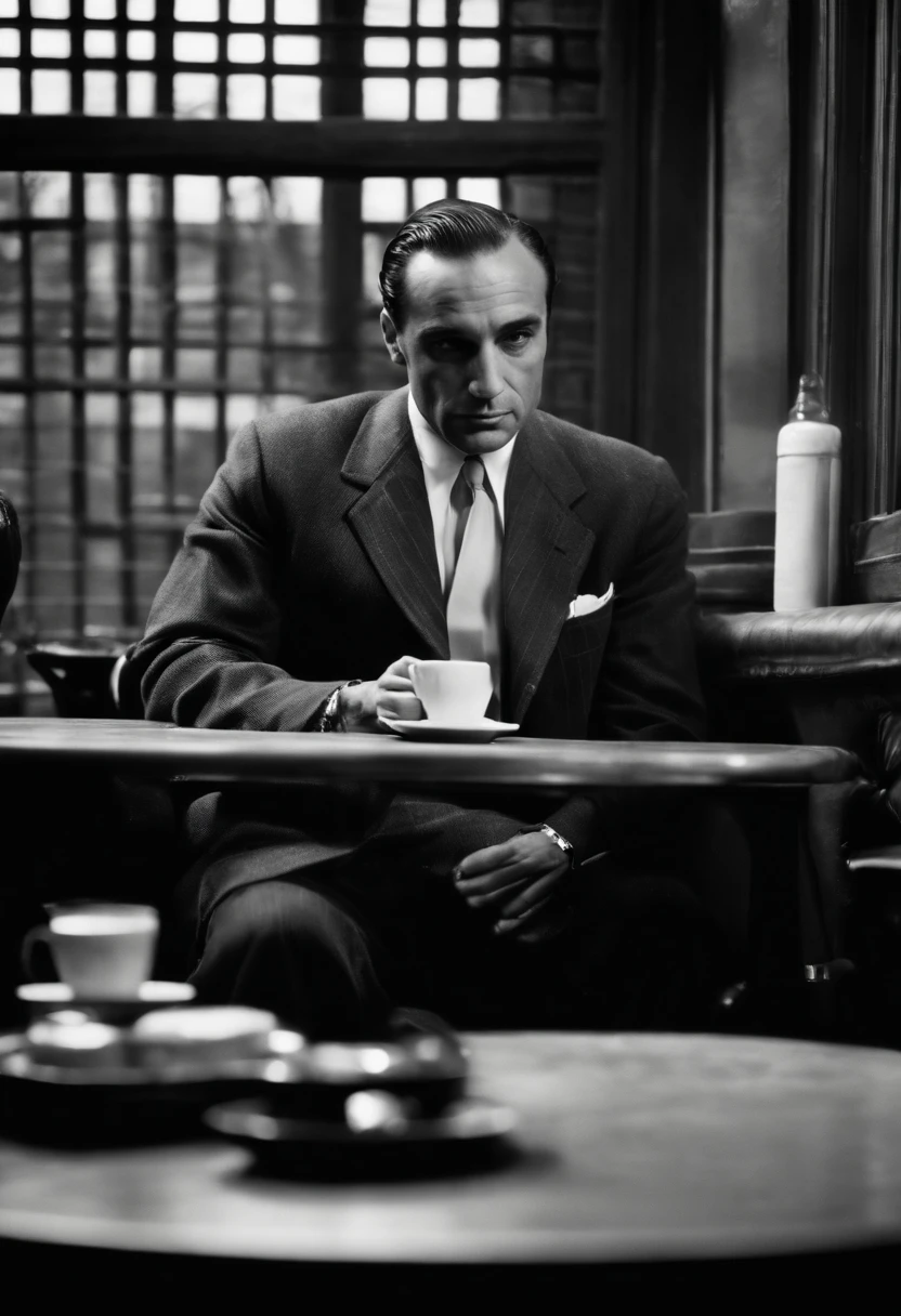 A photo of Fredo sitting in a cozy coffee shop, staring wistfully out the window as he sips his latte.,The Godfather series,Fredo Corleone, a character from “The Godfather” series, portrayed by John Cazale, has a less imposing presence compared to other members of the Corleone family. He often appears slightly disheveled, with a softer, less confident demeanor. Fredo’s style is somewhat conservative, typically dressed in suits that are less refined than those of his brothers, underscoring his secondary status in the family hierarchy.
