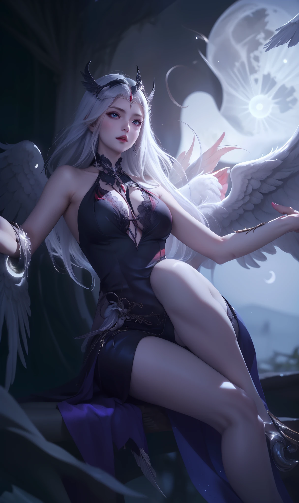 1girl, moon, wings, feathered_wings, full_moon, breasts, angel_wings, black_wings, jewelry, solo, angel, red_moon, white_wings, single_wing, long_hair, cleavage, spread_wings,bsx