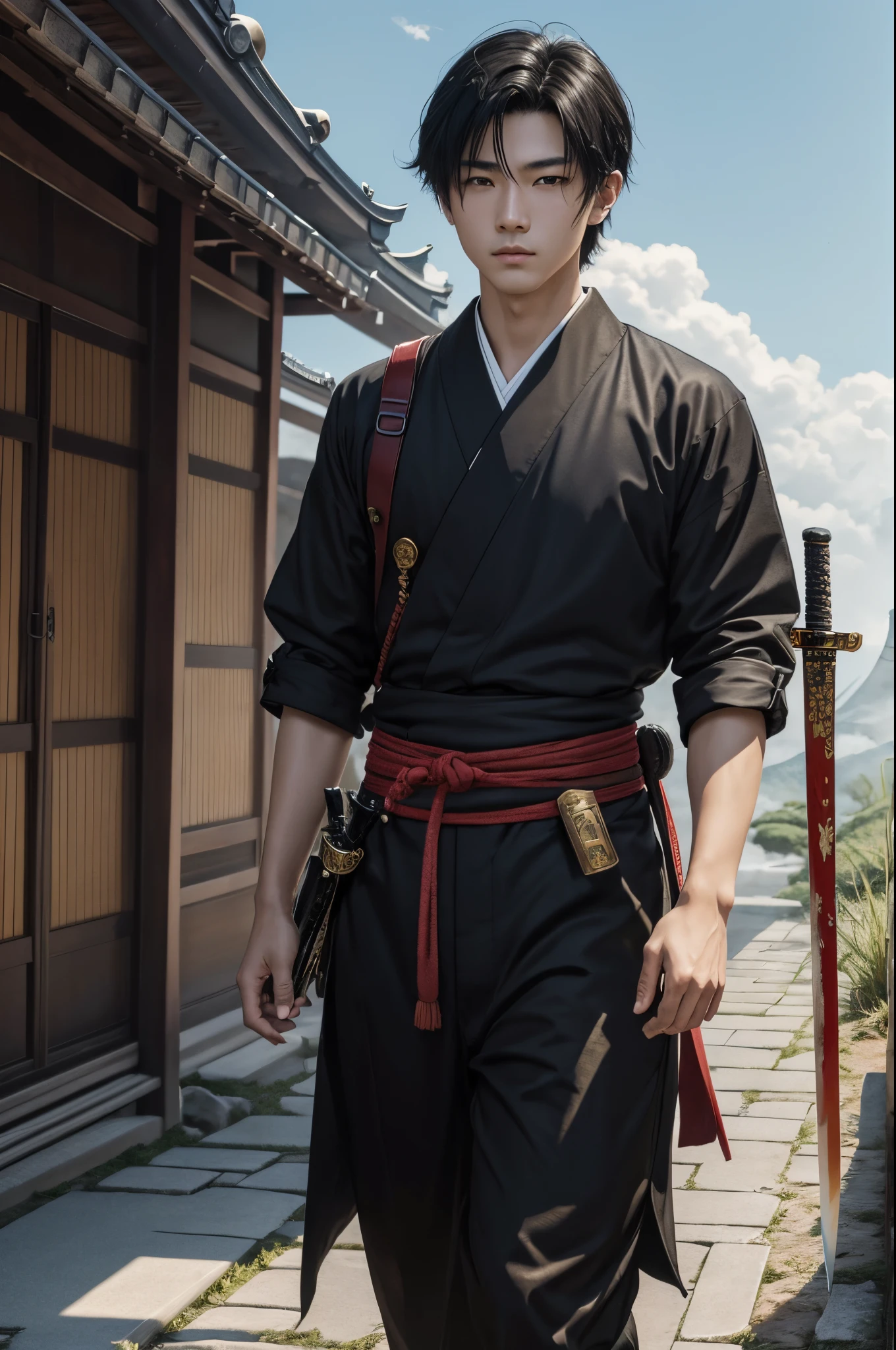 8K、独奏、appearance of the whole body、１６Year old boy,Handsome boy,handsome boy with dark eyes,Black hair short bob hair,Black and red exterior,Golden decoration(Armed with a long Japanese sword)、facing the front there、ruins,magnificent artwork、((Kyoto panel painting style))、Wind effect:1.9、cloud effect:1.2、Full Rendering、Encaustic Painting、unrealengine、