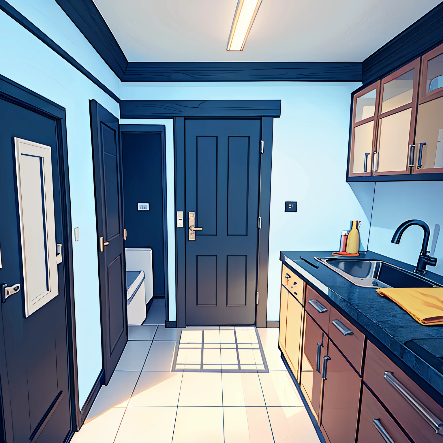 Interior de um Banheiro de um apartamento em Londres, apartamento, banheiro, banheiro com azulejo, pia, creme dental, scenario without humans, sem humanos, anime scenery, Setting for anime ,