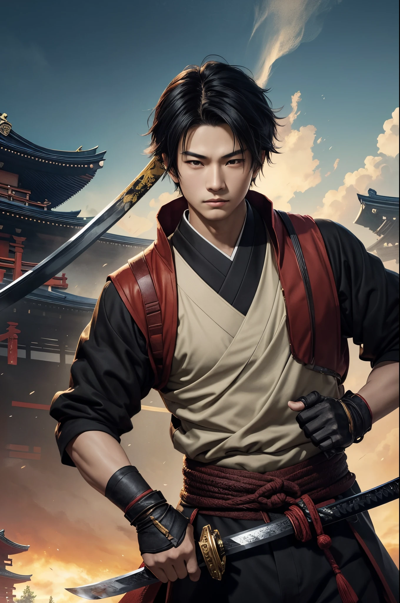 8K、独奏、appearance of the whole body、１６Year old boy,Handsome boy,handsome boy with dark eyes,Black hair short bob hair,Black and red exterior,Golden decoration(Armed with a long Japanese sword)、facing the front there、ruins,magnificent artwork、((Kyoto panel painting style))、Wind effect:1.9、cloud effect:1.2、Full Rendering、Encaustic Painting、unrealengine、