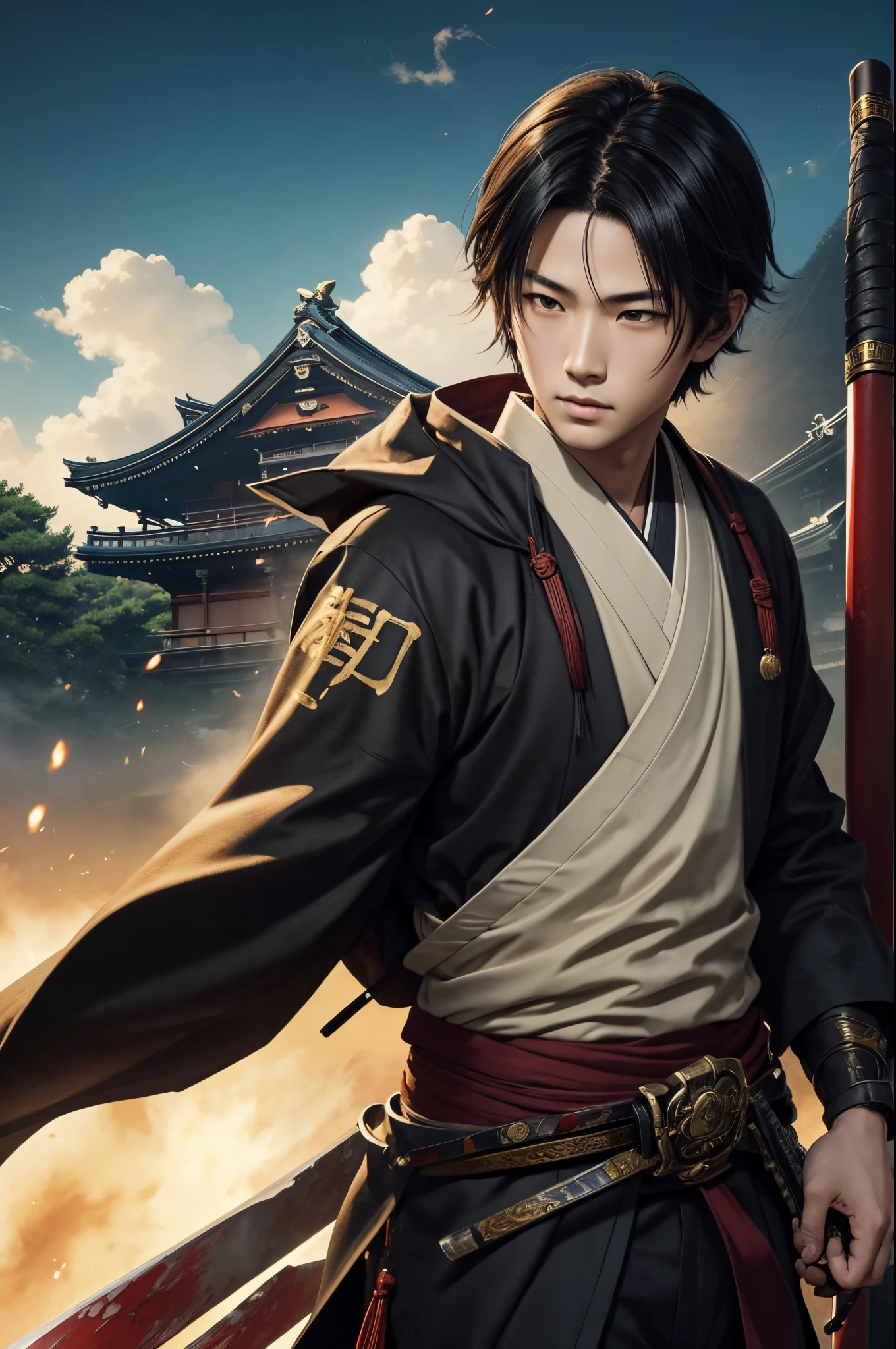 8K、独奏、appearance of the whole body、１６Year old boy,Handsome boy,handsome boy with dark eyes,Black hair short bob hair,Black and red exterior,Golden decoration(Armed with a long Japanese sword)、facing the front there、ruins,magnificent artwork、((Kyoto panel painting style))、Wind effect:1.9、cloud effect:1.2、Full Rendering、Encaustic Painting、unrealengine、