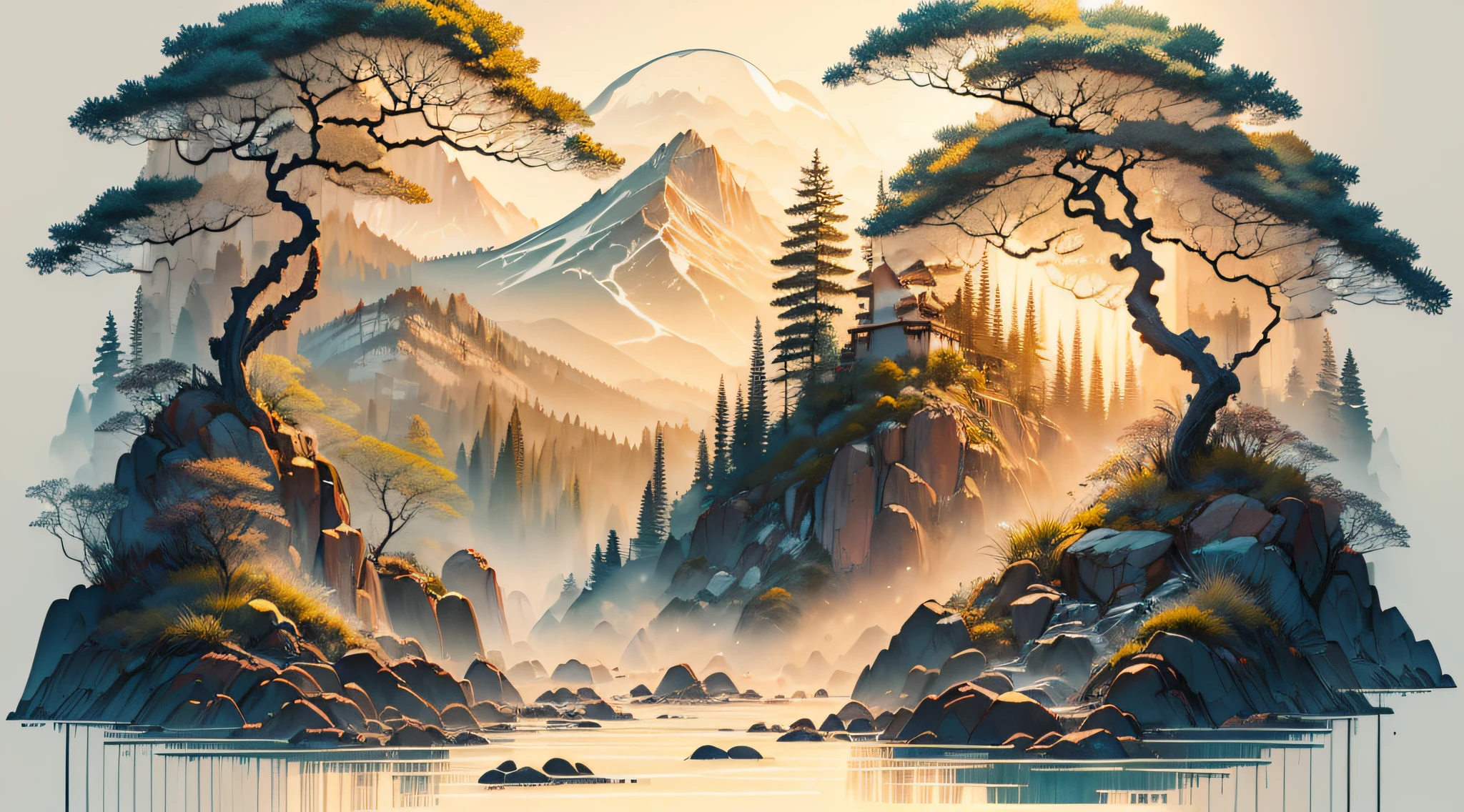 Depict five beautiful pixies with naked feet and flowing dresses dancing in a clearing, (full body image 1.9), (detailed body), (busty 1.2), (full body image), (masterpiece), (best quality), (ultra detailed), (absurdres), (highres), (official art:1.4), (illustration:1.4), (distinct image:1.2), (delicate illustration: 1.2), 8k,(detailed face:1.3), (highlights in eyes:1.3), (detailed hair:1.3), (detailed skin:1.3), (translucent fabric 1.5), dark, mystical scandinavian forest (misty 1.6), looming trees, colorful, stylized, white background with one color ink stains, drawing stroke made with Rottring 0.5mm pen, perfect drawing lines. early morning