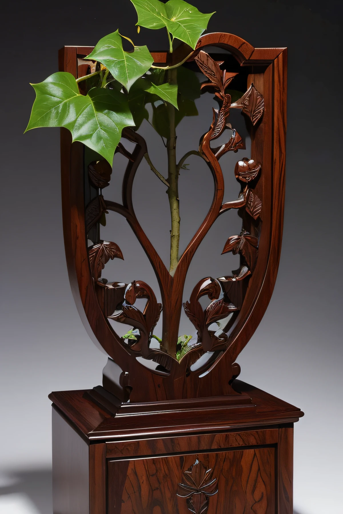 A Y-shaped small-leaf rosewood with extreme carvings,It is twined with ever-growing ivy and has one or two buds.