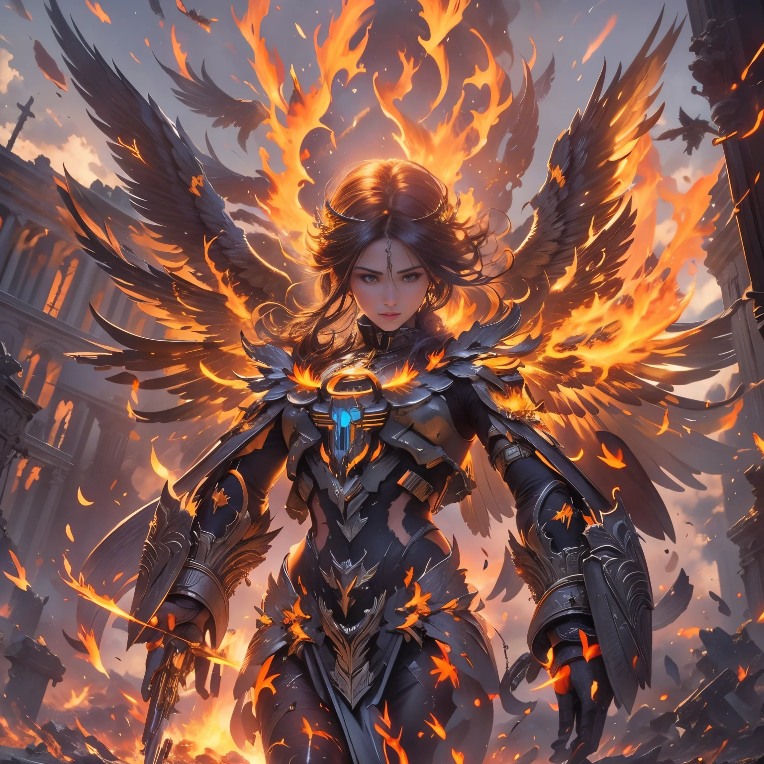 detailed face, super low angle, ((halo)), (flying seraph), ruins, impact, high speed, flame, necklace on fire,