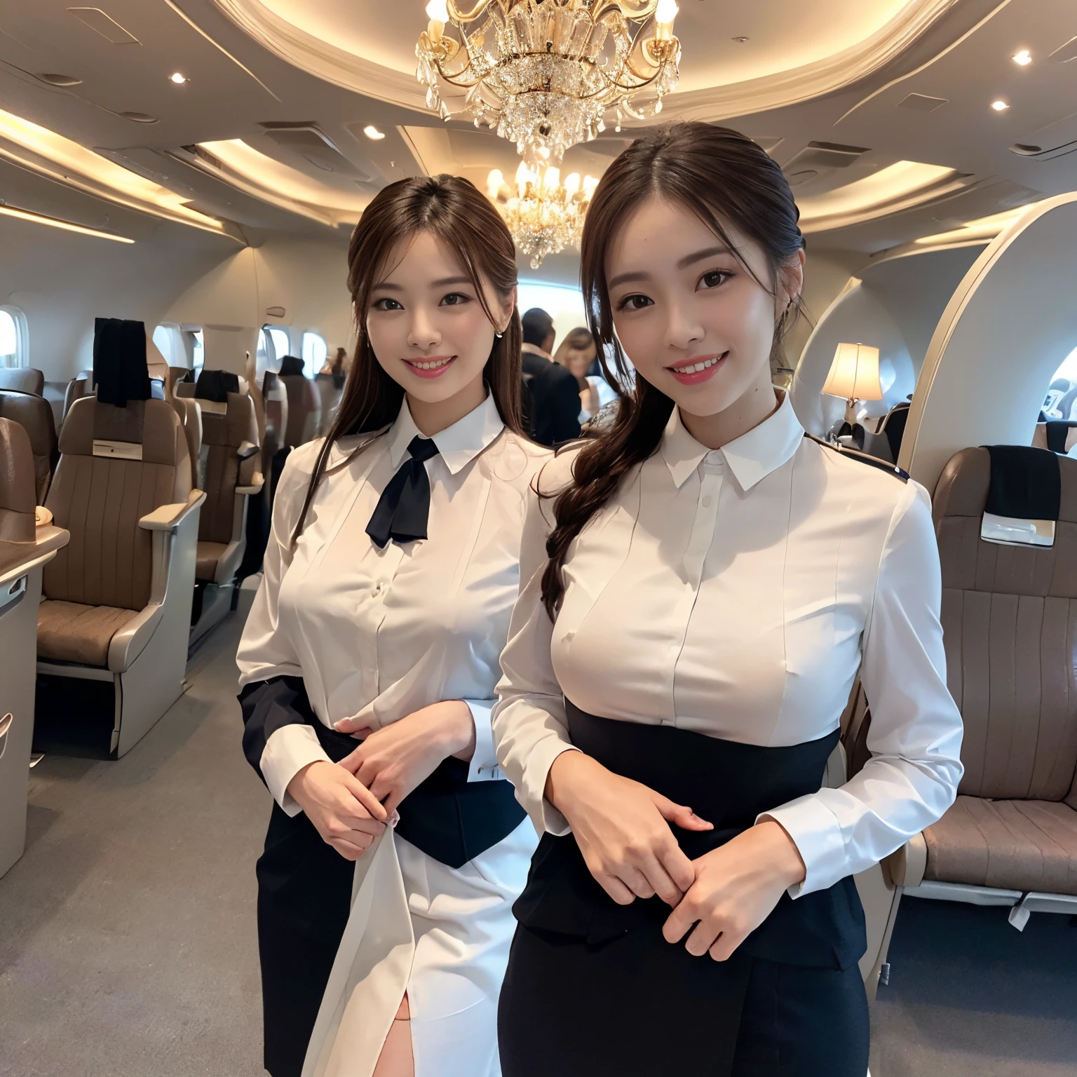 ((top-quality、masutepiece、8K、Top image quality、Hyper-Realism))、(1 photo:1.2)、((1 female stewardess、walk gracefully down the aisle、cowboy  shot、Take a photo of her from the waist up))、(Photo from the waist of a woman:1.7)、(Female upper body photo:1.7)、((The background is an airplane aisle、The floor is the highest quality carpet、intricate and luxurious decoration、The most luxurious and luxurious interior、The most luxurious and exclusive airplane interiors、luxurious royal interior))、(Crystal Chandelier:1.5)、(The finest throne-like seat:1.5)、(The most gorgeous royal interior:1.5)、(she&#39;s walking down the perfect aisle:1.2)、(The perfect stewardess uniform:1.5)、((Exposing the forehead、chignon))、hyperdetailed face、large full breasts、The Biggest Smile、white big teeth、Perfect makeup、long eyelashes、View me、smile your best smile、perfect anatomia