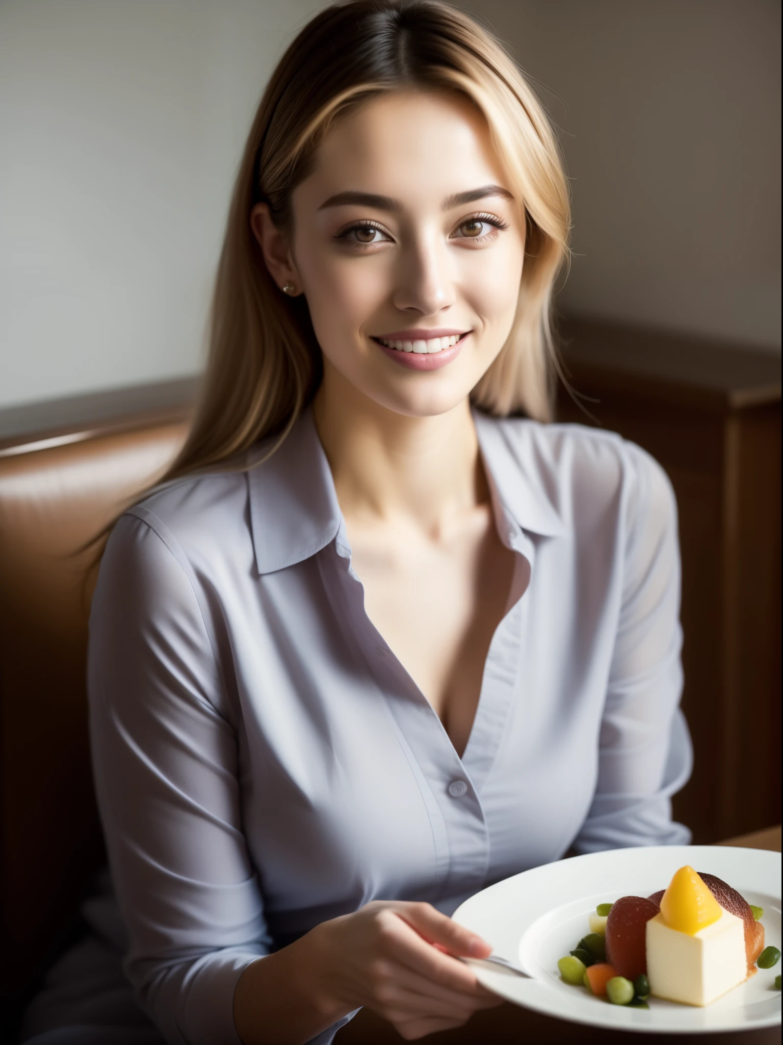 Fashion model 25 years old, Eat dinner in your room, [[[close-up]]], [[[Chest]]], [[[Neck]]], [[[shoulders]]], Perfect eyes, Perfect iris, Perfect lips, perfect teeth, Perfect Skin, Soft front light, nffsw, (soft colours: 1.2)