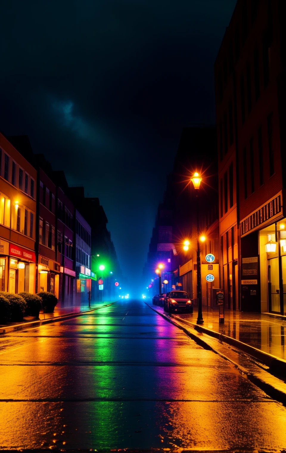 Rainy and foggy city street with colorful and blury lights