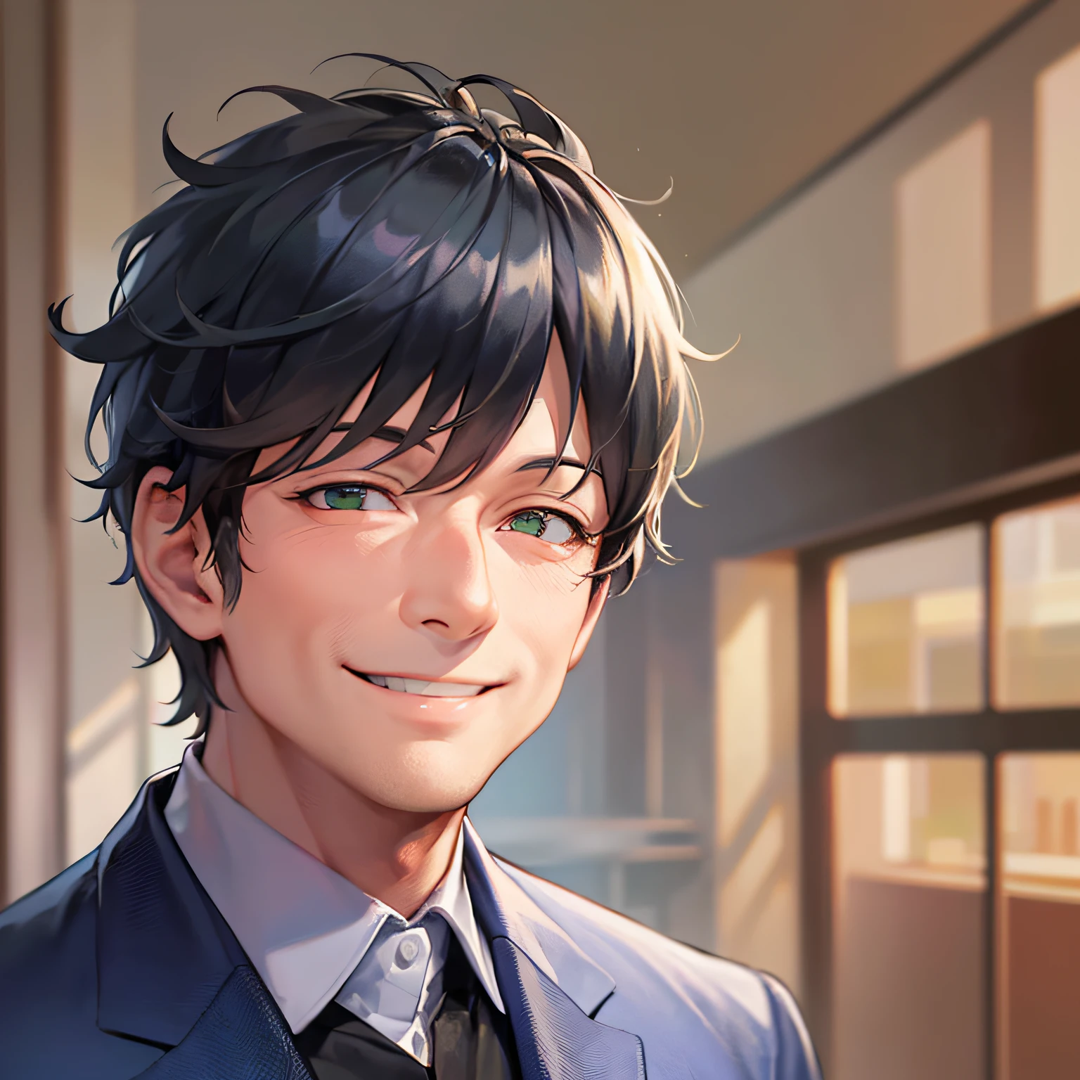 masterpiece、hightquality、A 60-year-old man with green eyes and black hair mixed with gray hair.、Like a cartoon in Japan、Wearing a blue suit、Face up、(Alone:1.5)、(Smiling expression:1.5)、(Only the upper body is shown.:1.3)、The background is a high class restaurant、Bold composition、