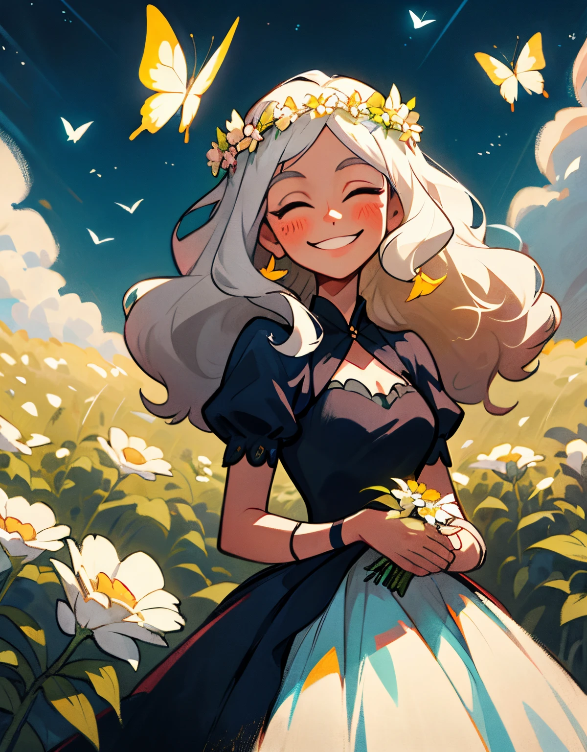 Painting of a woman with a garland on her head, aesthetic cute with flutter, European and American cartoons, whitehair, no outline, long way hair,with long curly hair, garland,She was surrounded by two butterflies,A clear sky,Smile with,big laughter,withe dress,Blush face,A bunch of flowers is worn on the head