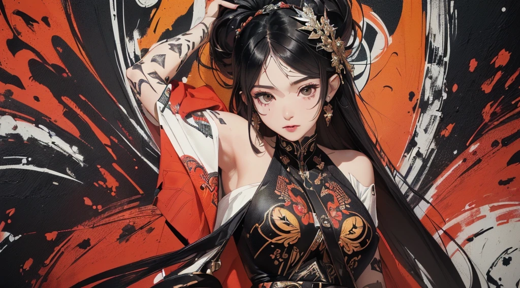 (NSFW:1.4), (photorealistic:1.3), masterpiece, best quality, (intricate details:1.2), (scenery:1.3), beautiful face, (black theme:1.3),
(((1girl, a girl in patterned kimono holding a dagger in her hand, (look at veiwer:1.3), (face tattoo:1.2), small oni horn,
))), full body, split in half