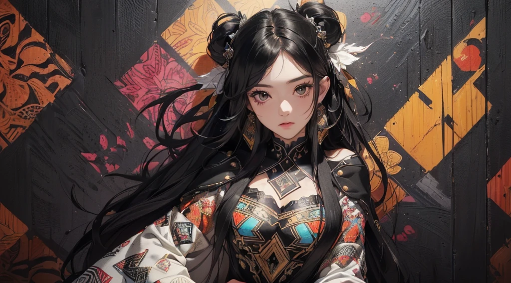 (((8k wallpaper of extremely detailed CG unit:1.2, masterpiece, hight resolution:1.2, top-quality:1.2, masutepiece))), ((a very beautiful woman, The upper part of the body, Hands in pockets:1.8, Grunge Fashion:1.2, wear a blouson:1.2, Wearing boots)), ((extra detailed face, Highly detailed black eyes, extra detailed body, Top quality real texture skins)), (A dark-haired, length hair, de pele branca), ((Colorful geometric patterns are painted all over the wall., Colorful wall)), (high-angle:1.2, a closeup), hyper realisitic, digitial painting,