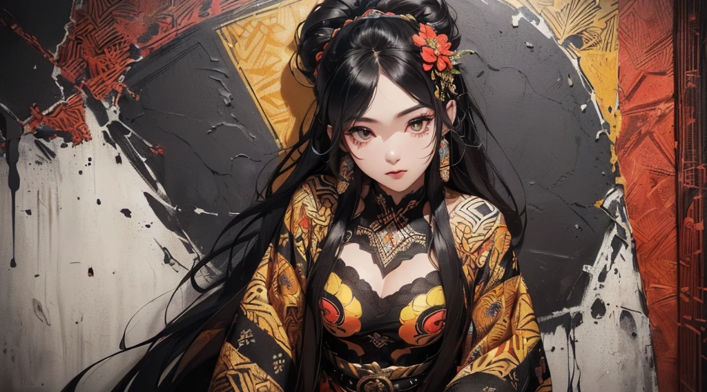 (((8k wallpaper of extremely detailed CG unit:1.2, masterpiece, hight resolution:1.2, top-quality:1.2, masutepiece))), ((a very beautiful woman, The upper part of the body, Hands in pockets:1.8, Grunge Fashion:1.2, wear a blouson:1.2, Wearing boots)), ((extra detailed face, Highly detailed black eyes, extra detailed body, Top quality real texture skins)), (A dark-haired, length hair, de pele branca), ((Colorful geometric patterns are painted all over the wall., Colorful wall)), (high-angle:1.2, a closeup), hyper realisitic, digitial painting,