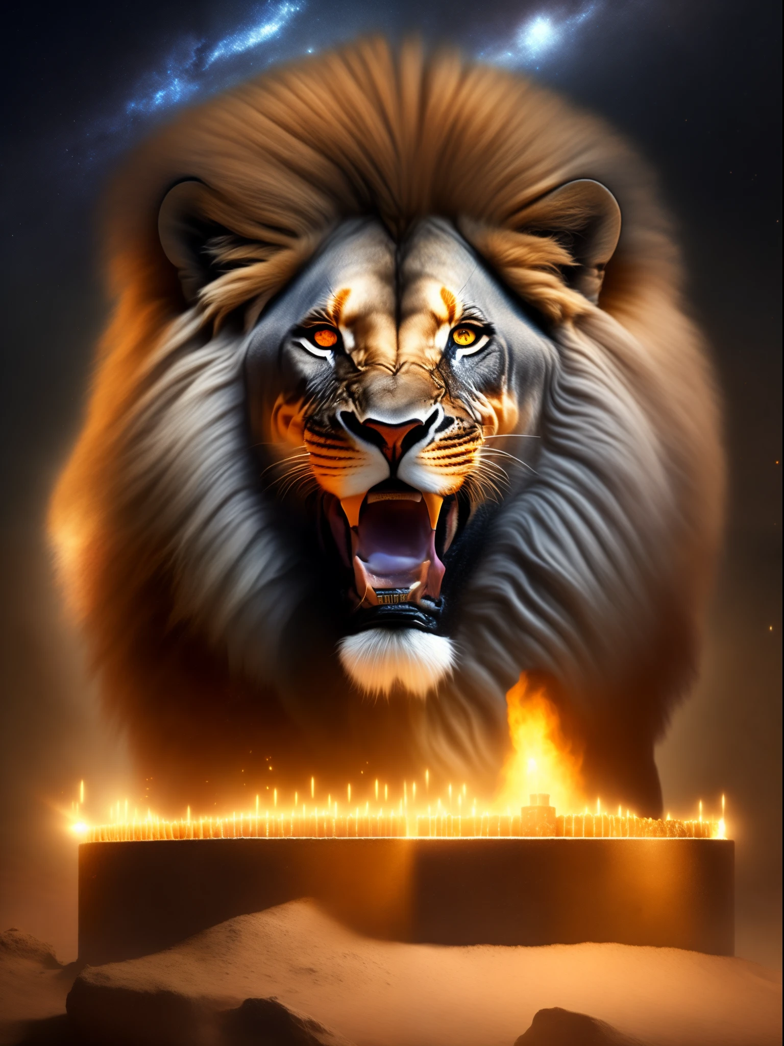 Cor predominante preto, highlighted lion roaring, pulas de fogo, coroa de diamante, elementos menorah, simbolo das doze tribos de israel, apocalipse, armagedon, arrebatamento, New Jerusalem, trombetas, sete selos, fim da besta de 10 chifres, sobrenatural