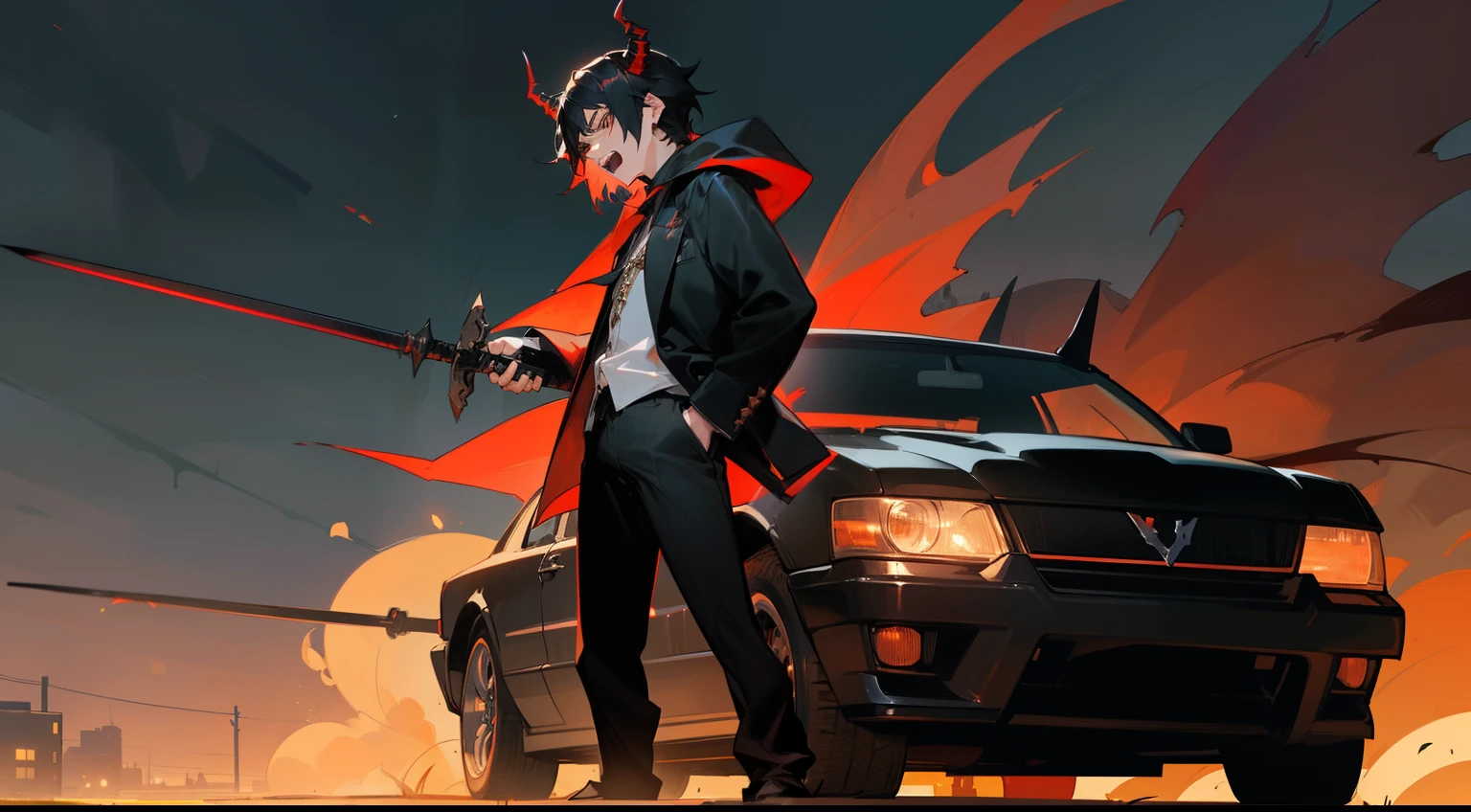 1boy,20s,anger face,black gangster outfit,hooded,Black pants,black red hair,medium-length hair,brown eye,horns demon,Cowboy shot,((Standing by the car, Leaning, showing off weapons, spear,night time)),open mouth