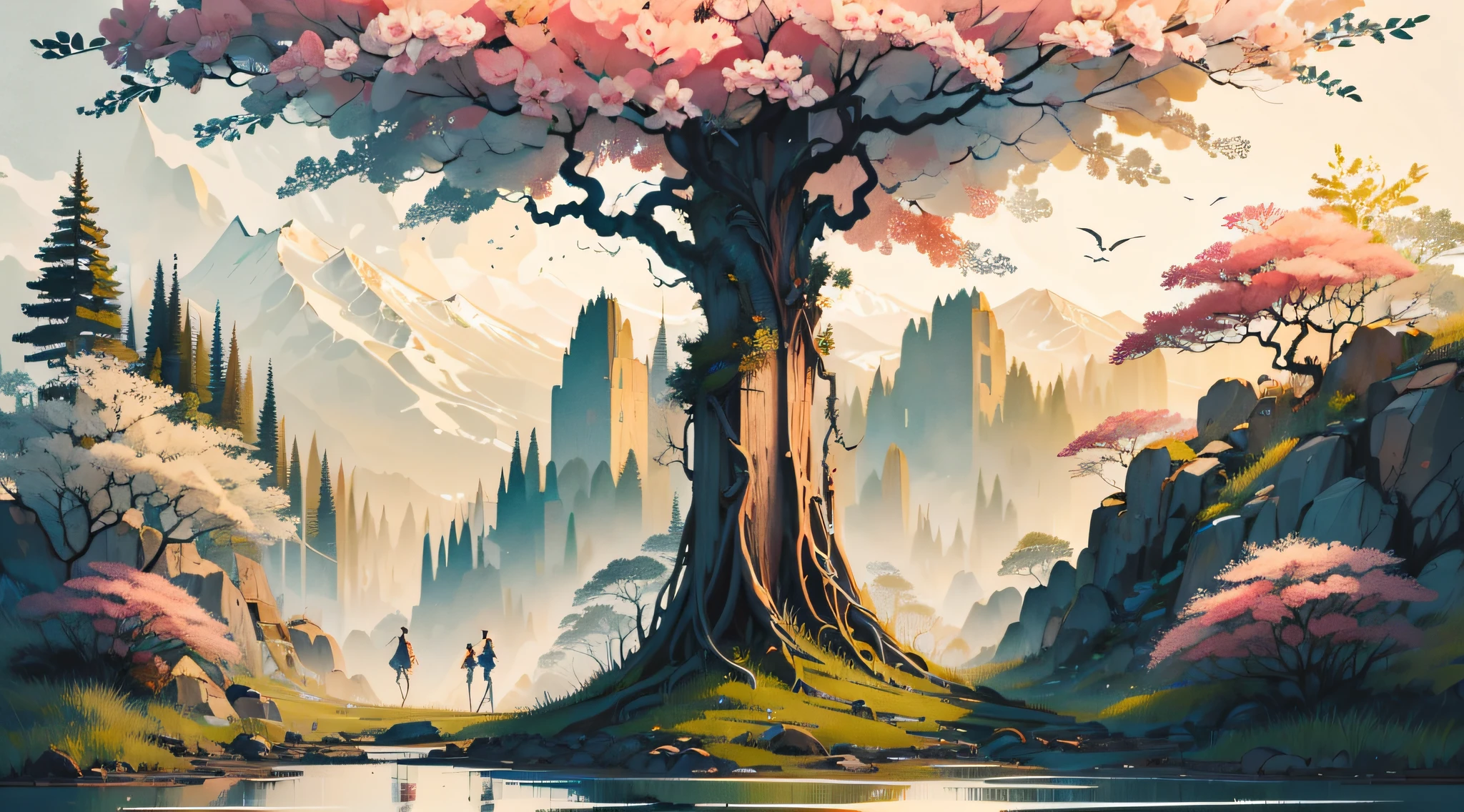 5 etheral pixies dancing in a clearing, (full body image 1.6), (masterpiece), (best quality), (ultra detailed), (absurdres), (highres), (official art:1.4), (illustration:1.4), (distinct image:1.2),(delicate illustration: 1.2), 8k,(detailed face:1.3), (highlights in eyes:1.3), (detailed hair:1.3), (detailed skin:1.3), (translucent fabric 1.2), dark, mystical scandinavian forest (misty 1.6), looming trees, colorful, stylized, white background with one color ink stains, drawing stroke made with Rottring 0.5mm pen, perfect drawing lines. early morning
