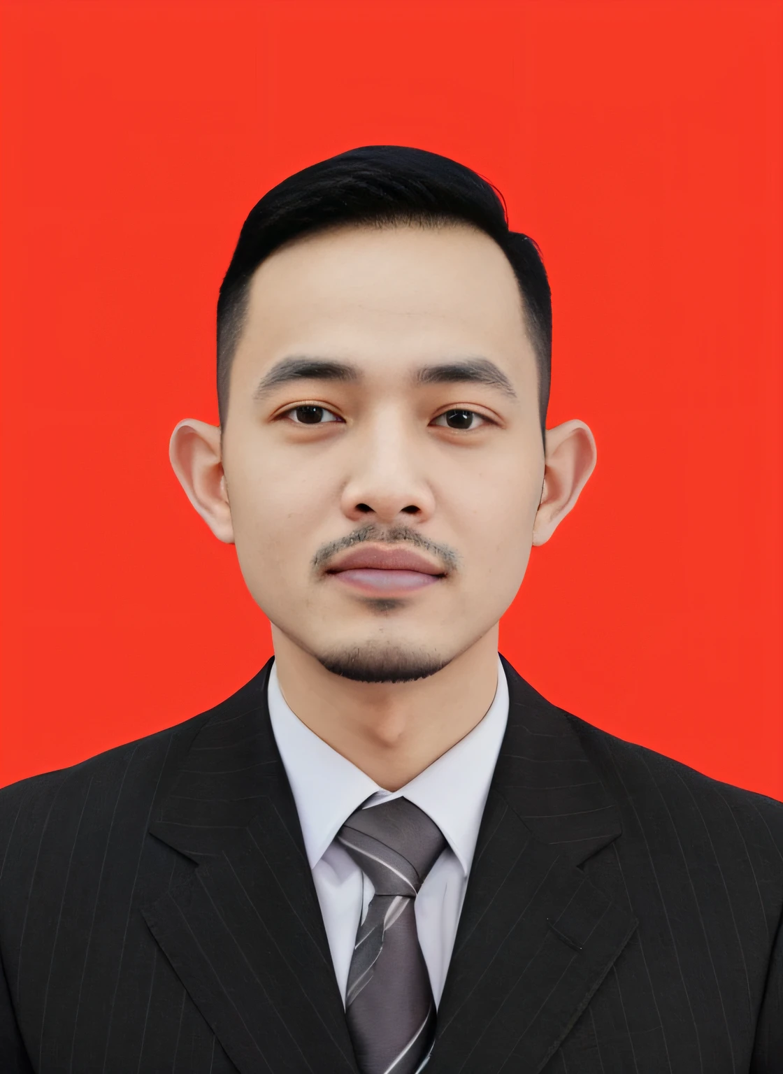 face the camera, a 30 years old javanese man in a suit and red tie and behind right his arm there's an indonesian flag, slim man, black short hair,, presidential portrait, half body photo, taken with a Fujifilm X-T4 mirrorless camera, 35mm f/1.4 lens, night lighting, 4K resolution
