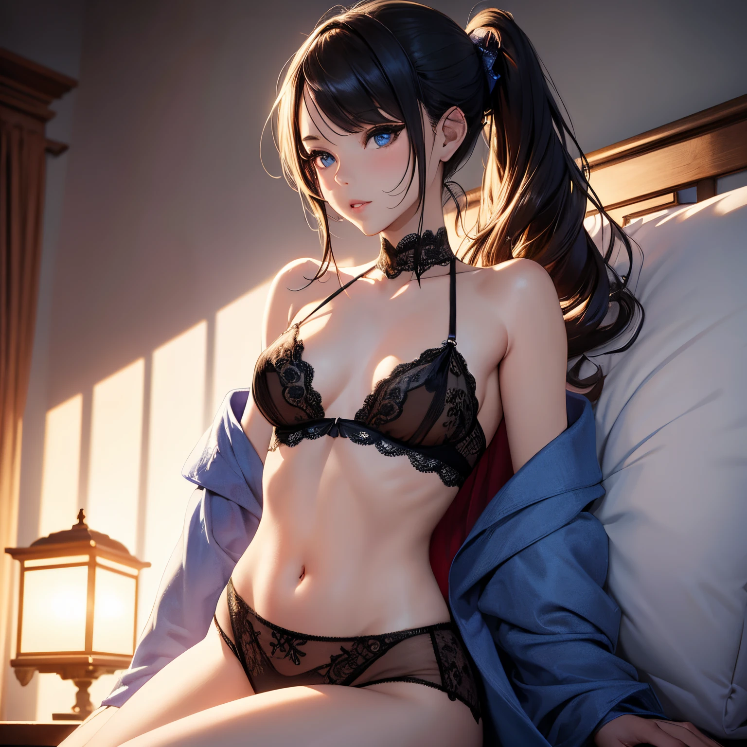 super high quality, (8k, RAW photo, realistic), very beautiful woman, 28 old years, annoying sexy expressions, shining blue big eyes, (flat chest:1.5), slender, red big thick lips, wearing lace see-through robe, sexy lace lingerie, skirt lift, lying down on the bed, black messy ponytail, background gorgeous bedroom, iridescent, detailed and delicate depiction and flashy and dynamic painting method, professional flare lighting