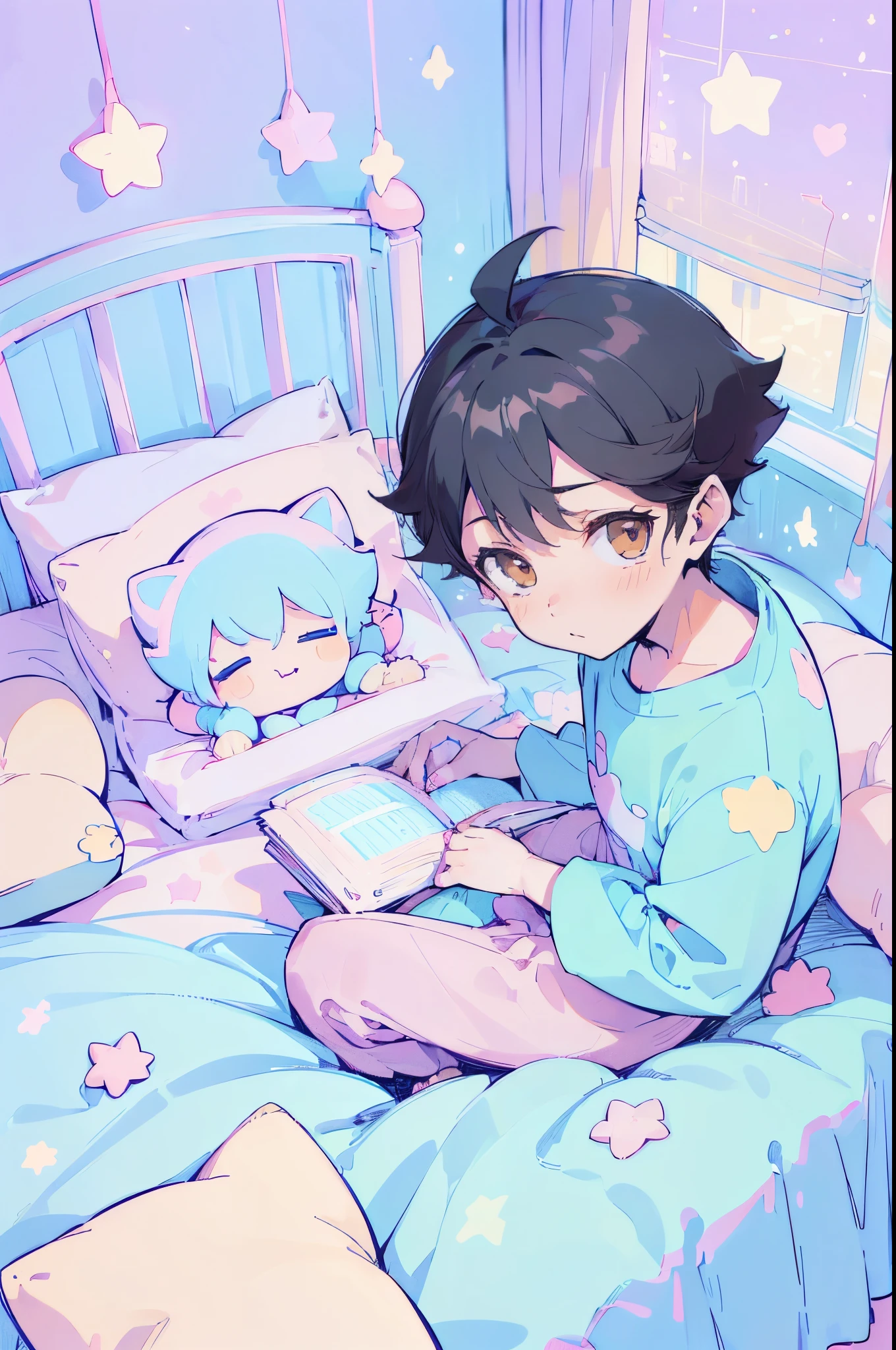 2 boys,((2 boys sitting on bed)), black hair,reading a book, bedroom, cute room,((pastel colors)),kawaiitech,cute colors,kawaii,stars are hanging above bed,bedtime stories,pillows,soft toys,bedcover,masterpiece,((ultra detailed)),flat coloring,cute flat colors,(((view from above))),oikawa tooru,brown hair,brown eyes,looking at viewer