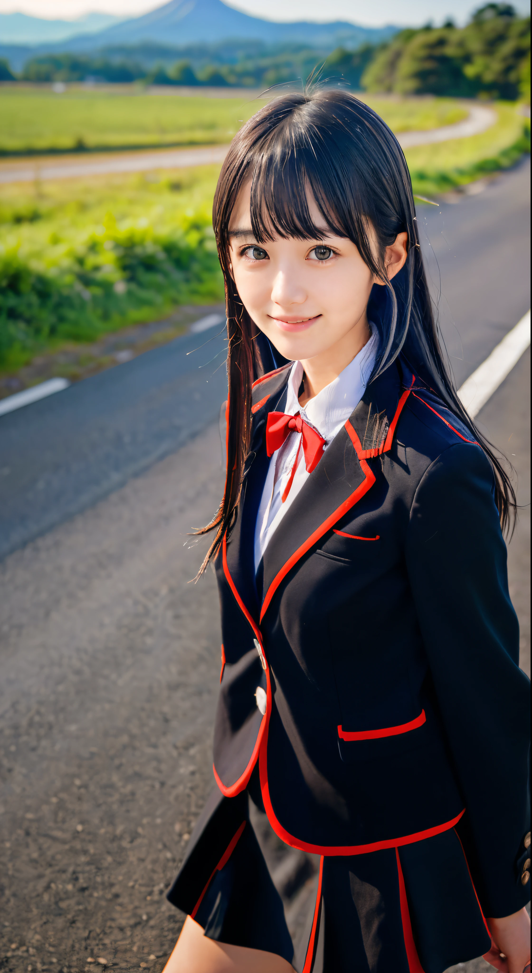 (A close-up portrait of a slender small-breasted girl、Has black hair in a two-sided up look wearing a black blazer uniform with a red cropped collar and a black skirt :1.5)、(A girl walking with a small smile on a Japanese country road, Hair that flutters in the wind:1.5)、(Uniform with a black blazer and a skirt with a red edging collar:1.5)、(Blurry background:1.5)、(Perfect Anatomy:1.5)、Photoreal Stick、Raw photography、masutepiece、top-quality、hight resolution、delicate and pretty、face perfect、Delicate and beautiful air skin around the eyes、Real Human Skin、((thin legs))