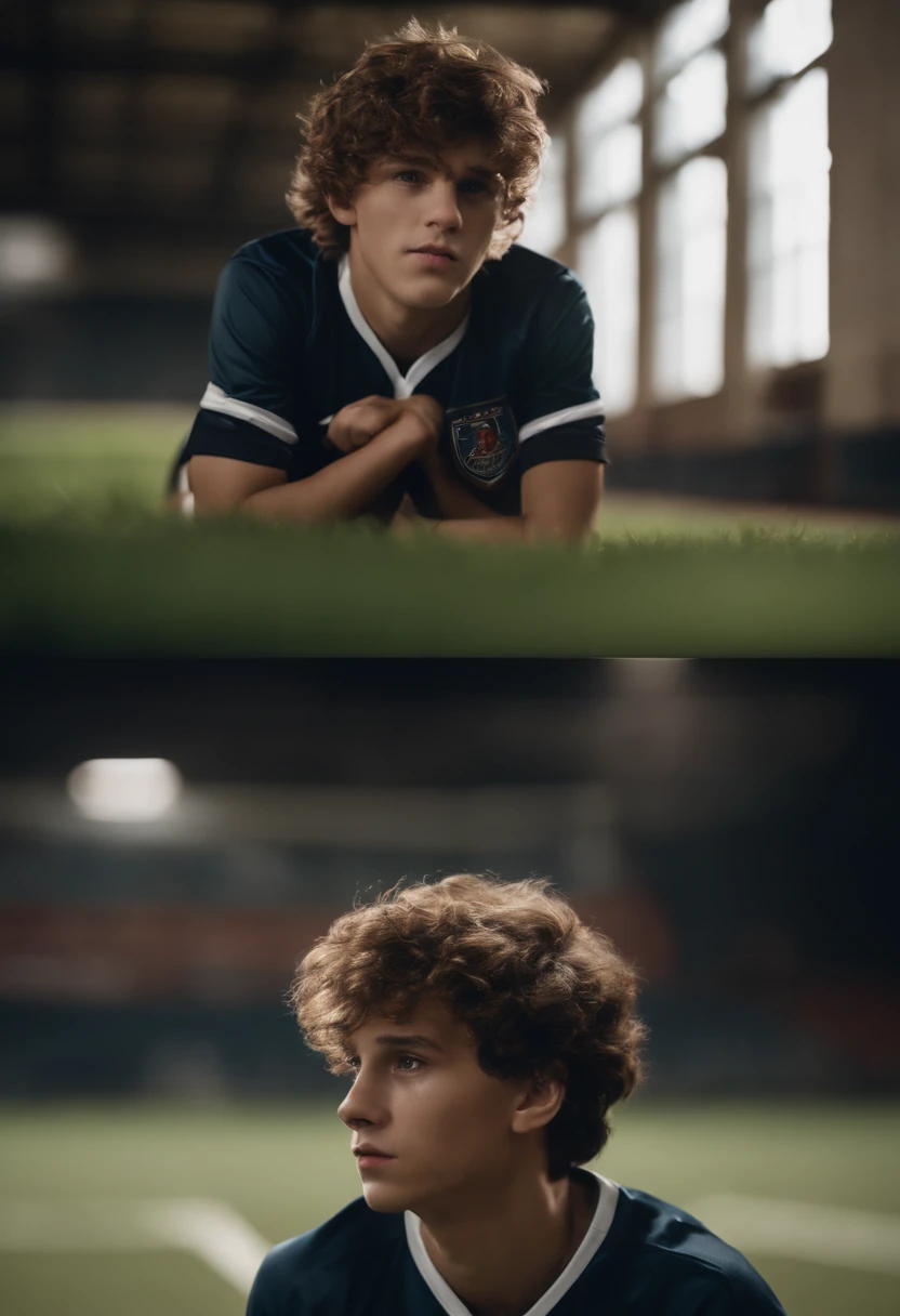 1boy,A very handsome high school boy，Wear soccer uniform，wolf hair,lie down on mudd,basement,tentacles,wet sweat,