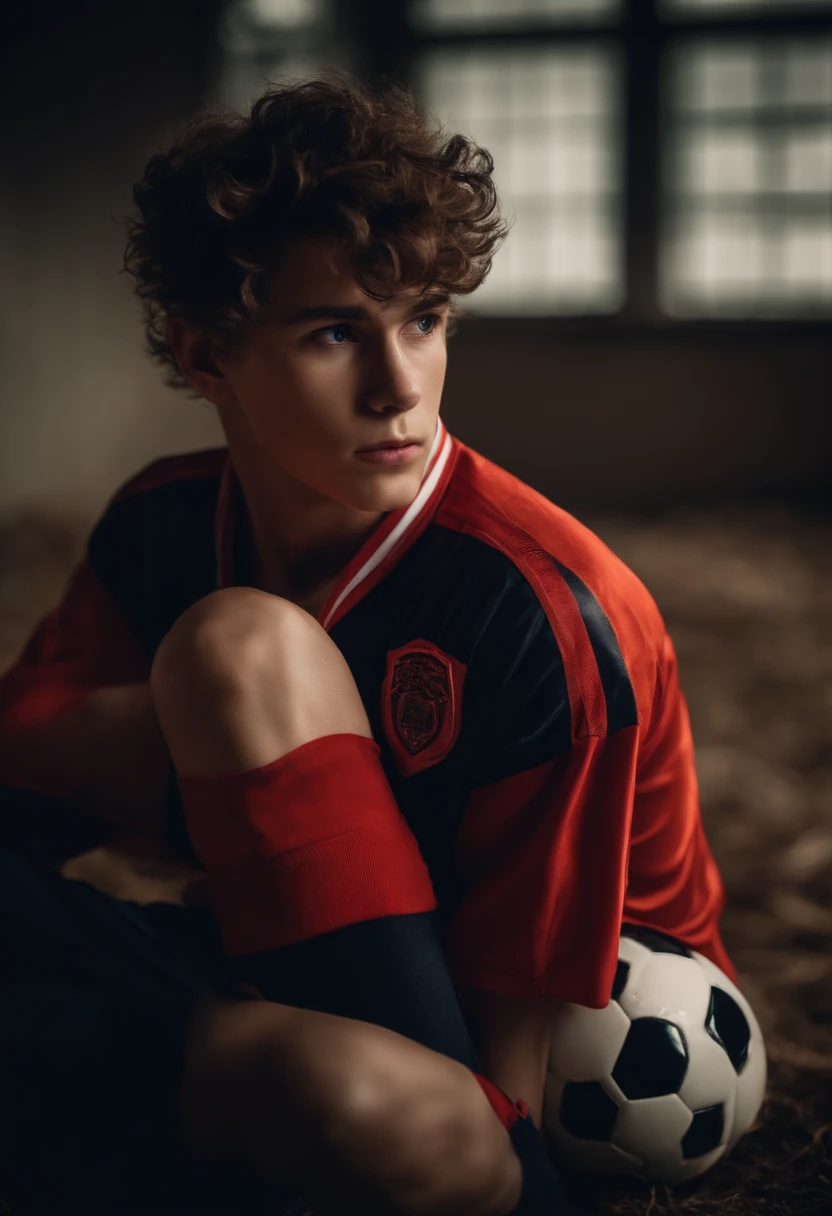 1boy,A very handsome high school boy,Wear soccer uniform,wolf hair,lie down on mudd,basement,tentacles,wet sweat,
