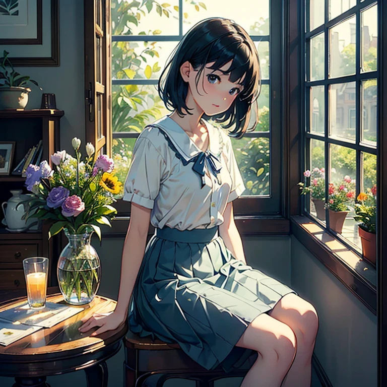 shinonome ryoko, medium hair, 1girl, solo, sitting, skirt, flower, curtains, school uniform, socks, head wreath, serafuku, window, looking at viewer, black skirt, indoors, wariza, black hair, plant, long sleeves, black socks, grey eyes, bottle, white flower, kneehighs, shirt,masterpiece,best quality,very aesthetic,absurdres