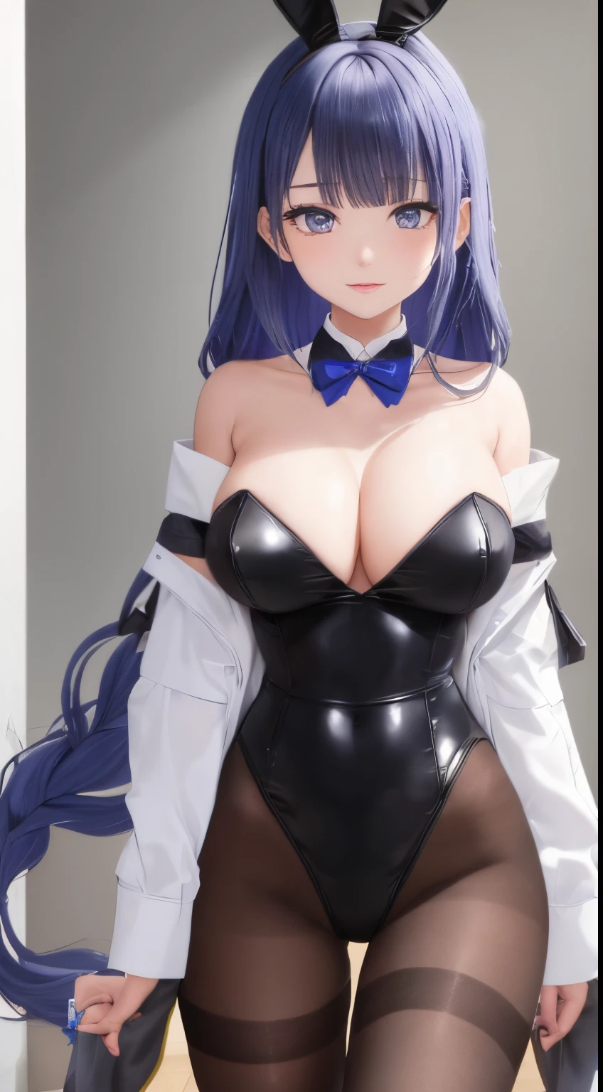 2girls absurdres ai_generated alternate_costume animal_ears aqua_bow aqua_bowtie arm_tattoo arms_behind_back bangs bare_shoulders black_hair black_leotard black_pantyhose blonde_hair blue_archive blue_bow blue_bowtie blue_eyes blue_leotard blush bow bowtie breast_press breasts brown_eyes brown_pantyhose +cleaning_&_clearing_(blue_archive) cleavage closed_mouth coat collar collarbone covered_navel cowboy_shot dark-skinned_female dark_skin detached_collar dress_shirt fake_animal_ears hair_between_eyes hair_intakes hairband halo high_ponytail highleg highleg_leotard highres jacket karin_(blue_archive) karin_(bunny)_(blue_archive) large_breasts legs_together leotard long_hair long_sleeves looking_at_viewer +millennium_science_school_student multiple_girls number_tattoo off_shoulder official_alternate_costume open_clothes open_mouth open_shirt pantyhose parted_lips playboy_bunny ponytail rabbit_ears shirt shoulder_tattoo sidelocks simple_background skindentation smile standing strapless strapless_leotard tattoo thigh_gap thighband_pantyhose thighs toki_(blue_archive) toki_(bunny)_(blue_archive) traditional_bowtie very_long_hair white_background white_coat white_jacket white_shirt yellow_eyes