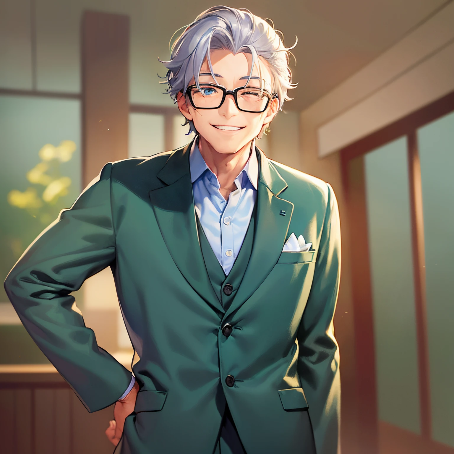 masterpiece、hightquality、60 year old romance gray hair color man with green eyes、Like a cartoon in Japan、Wearing a blue suit、Face up、(Alone:1.5)、(Smiling expression:1.5)、(Only the upper body is shown.:1.3)、The background is a high class restaurant、Bold composition、
