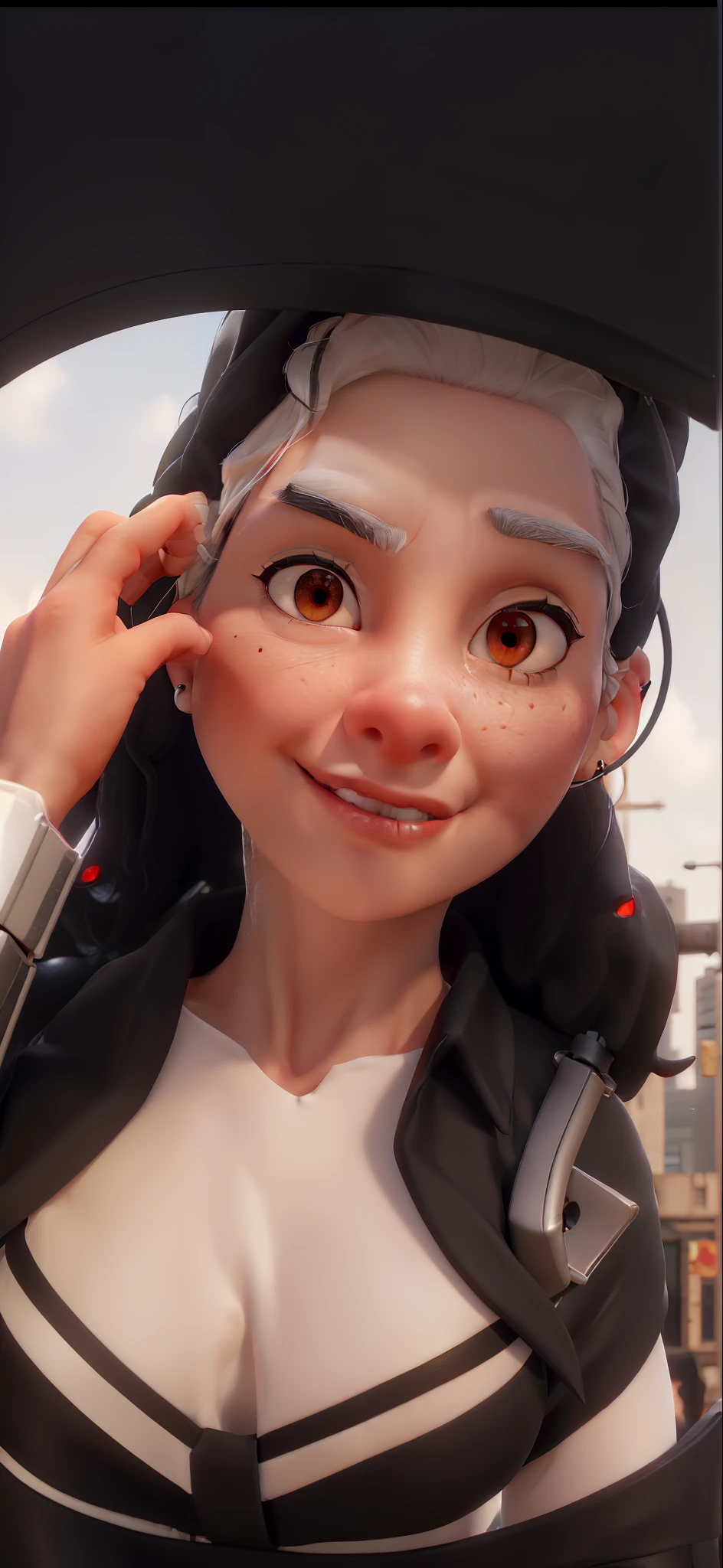 1girl, close up shot, (white hair, medium hair, large breasts, red eyes), perfect anatomy, city, cyberpunk style, ((white shirt, black jacket, black skirt, navel, belt, black gloves, neck tie, wrist watch, earrings, see through black leggings)), ((holding gun)), war, ruined city, battle field, rubble, buildings,cigarette