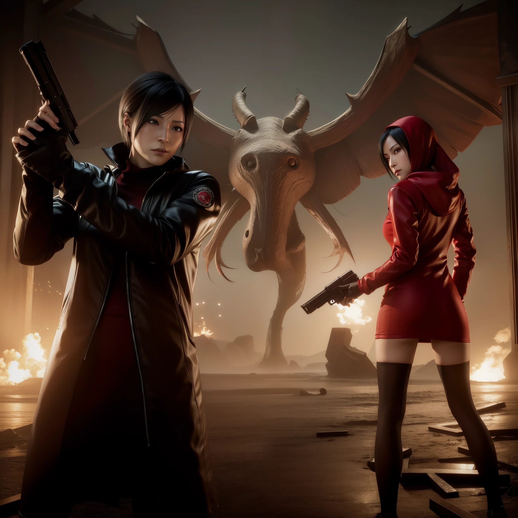 Ada wong ,Woman, wearing red hoody dress, bob hair, red polish, glazed expression, glare, Look the other way