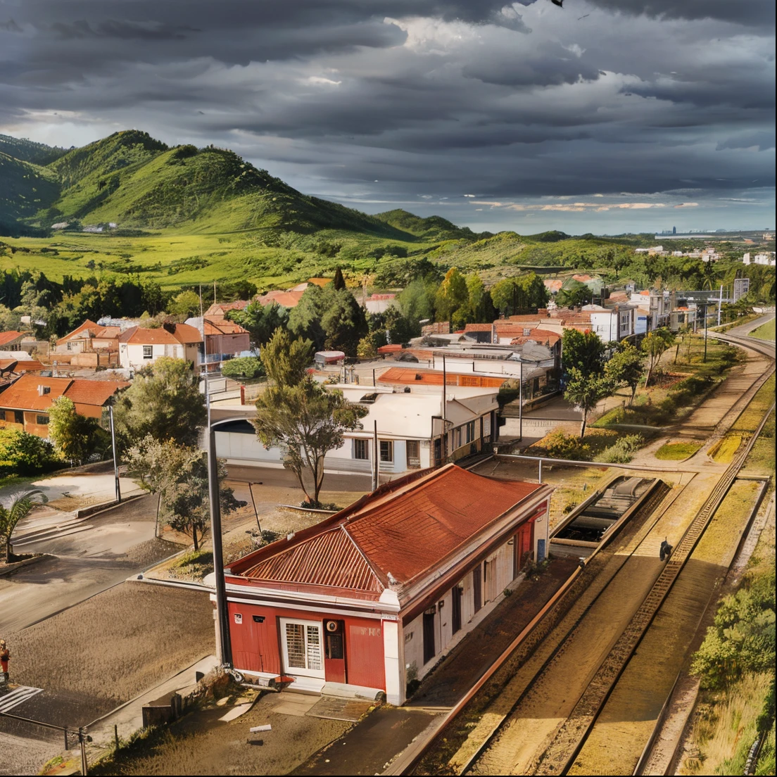 a view of a train station with a train on the tracks, Directed by: Fernando Gerassi, Directed by: Luis Marsans, Directed by: Luis Miranda, Directed by: Juan Carlos Stekelman, Directed by: CeFerí Olivé, Directed by: Manuel Franquelo, by Emilio Grau Sala, Directed by: Giorgio Cavallon, city of Armenia Quindio, Directed by: Nandor Soldier