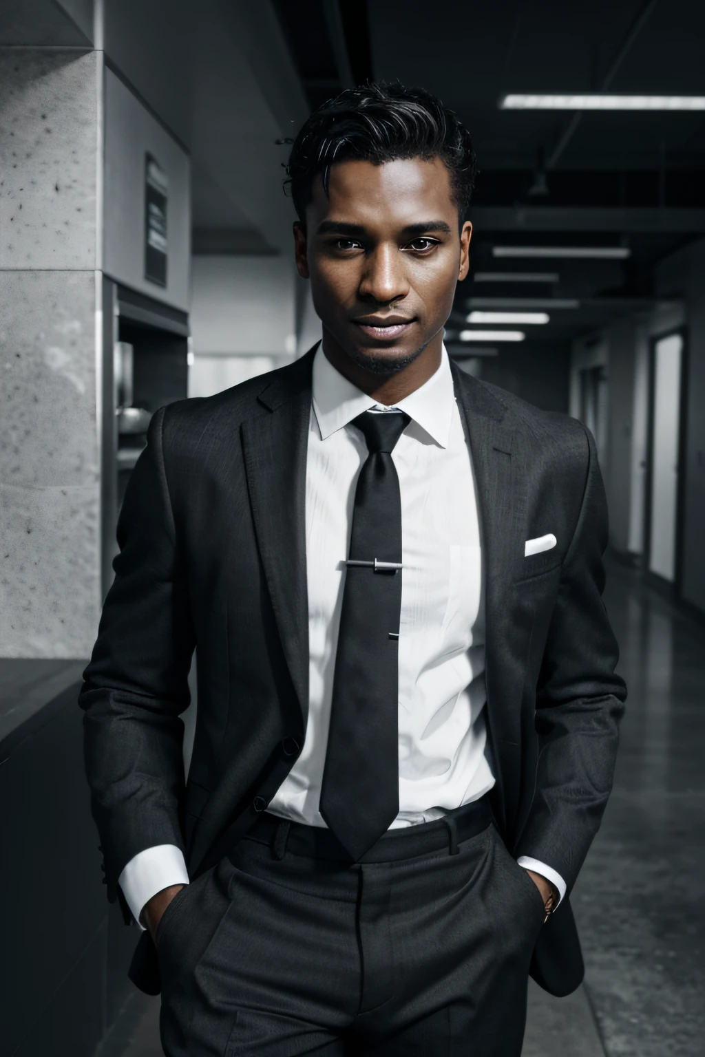 happy worker, photorealistic, high resolution, lifelike, man in suit, black and white, shaddy