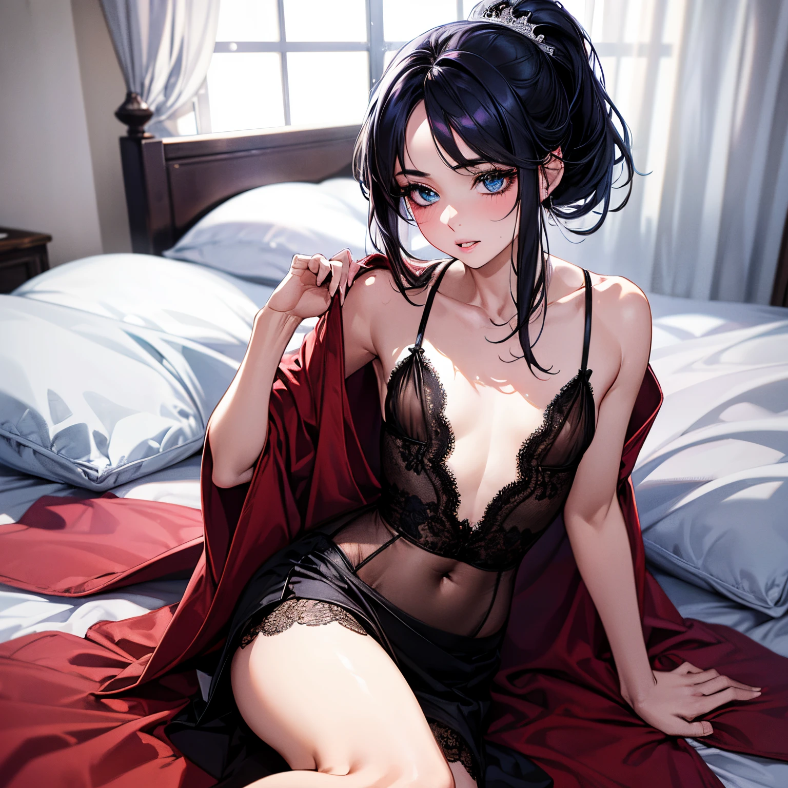 super high quality, (8k, RAW photo, realistic), very beautiful woman, 28 old years, annoying sexy expressions, shining blue big eyes, (flat chest:1.5), slender, red big thick lips, wearing lace see-through robe, sexy lace lingerie, skirt lift, lying down on the bed, black messy ponytail, background gorgeous bedroom, iridescent, detailed and delicate depiction and flashy and dynamic painting method, professional flare lighting