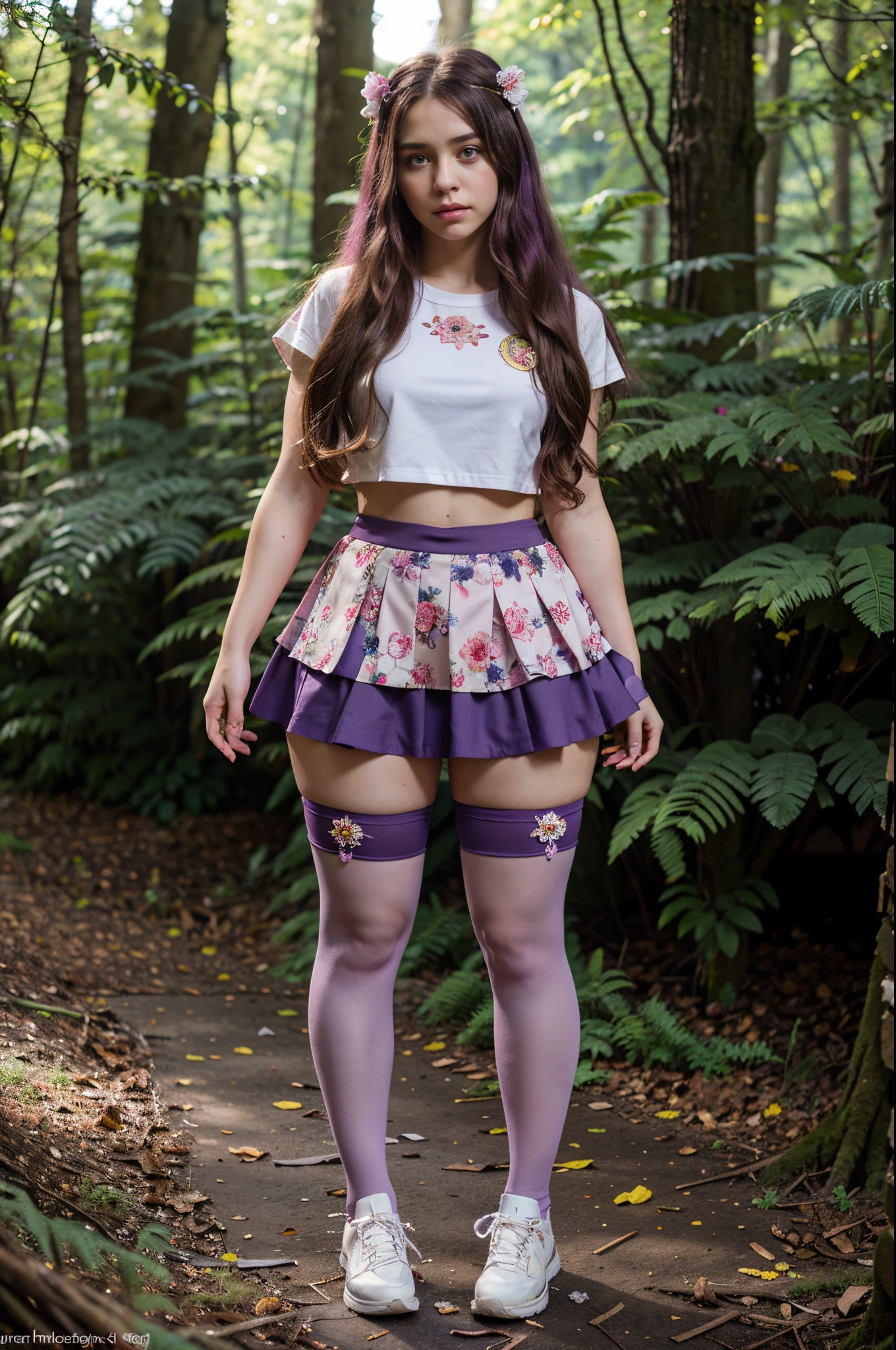 (masterpiece, top quality, best quality),1girl,full body, hermione, purple eyes, long hair, x hair ornament, flower hair ornament, pokemon uniform, Rosa’s outfit, pokeball, in a forest, wide legs, thick thighs, thick, high waisted skirt, thigh highs, wide hips, bent over, thick hips, purple messy hair,