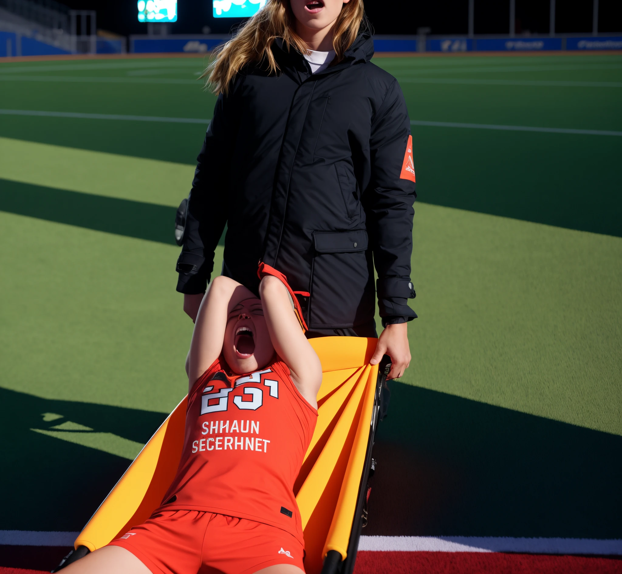 Photography of an injured sportsman on a stretcher being carried by a longhaired blond woman in a long black down coat, a young male soccer player in short sportswear is lying on his back on a stretcher and is grabbing his shin with his hands, hyperralistic, very realistic, ultrarealistic photorealistic, pgoto, photoreal, a young woman is wearing a high shine black downcoat and is holding a stretcher inside a sports stadium, a young madeup blond woman in a high-shine padded coat is shouting out for help and has a very sad and furious expression in her face, a sportsman is lying on a stretcher and has a very painful and suffering face, a young sportsman on a stretcher with a very painful expression in his face, dramatic action pose, sports accident, injury scene, theatralic pity pose, pity pityful, pain, a sportsman is lying on a stretcher and is crying in pain, a young madeup woman in a shiny coat is carrying a man on a stretcher inside a sports stadium, sports scene, stadium