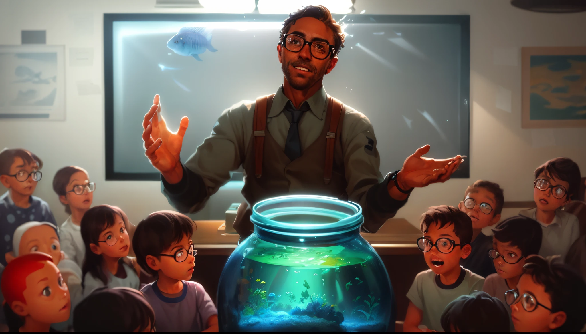 Fish tank with a person standing in front of it, children observing, inspired by Art Frame, inspired by Patrick Brown, science fiction painting, directed by Jason Felix, Cyril Rolando and M. Wakaluta, Lovecraft illustration, influenced by Tolkien and Michael Komarck, inspired by Samuel F. B. Morse. Best quality, 4K, high-resolution, ultra-detailed, realistic, portraits, vibrant colors, bokeh, art style.