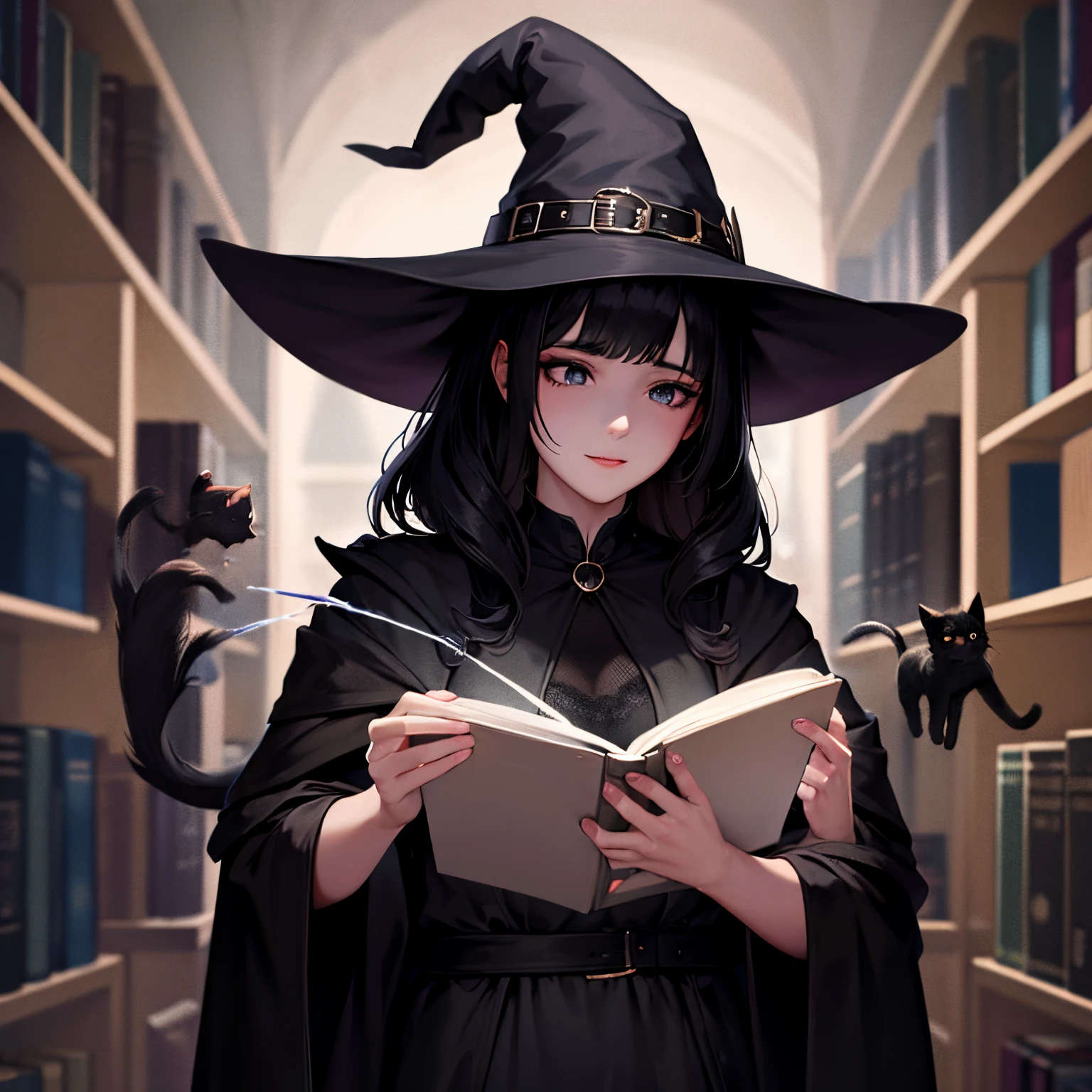 Witch with black hair doing dark magic with a book in hand potions and a black cat