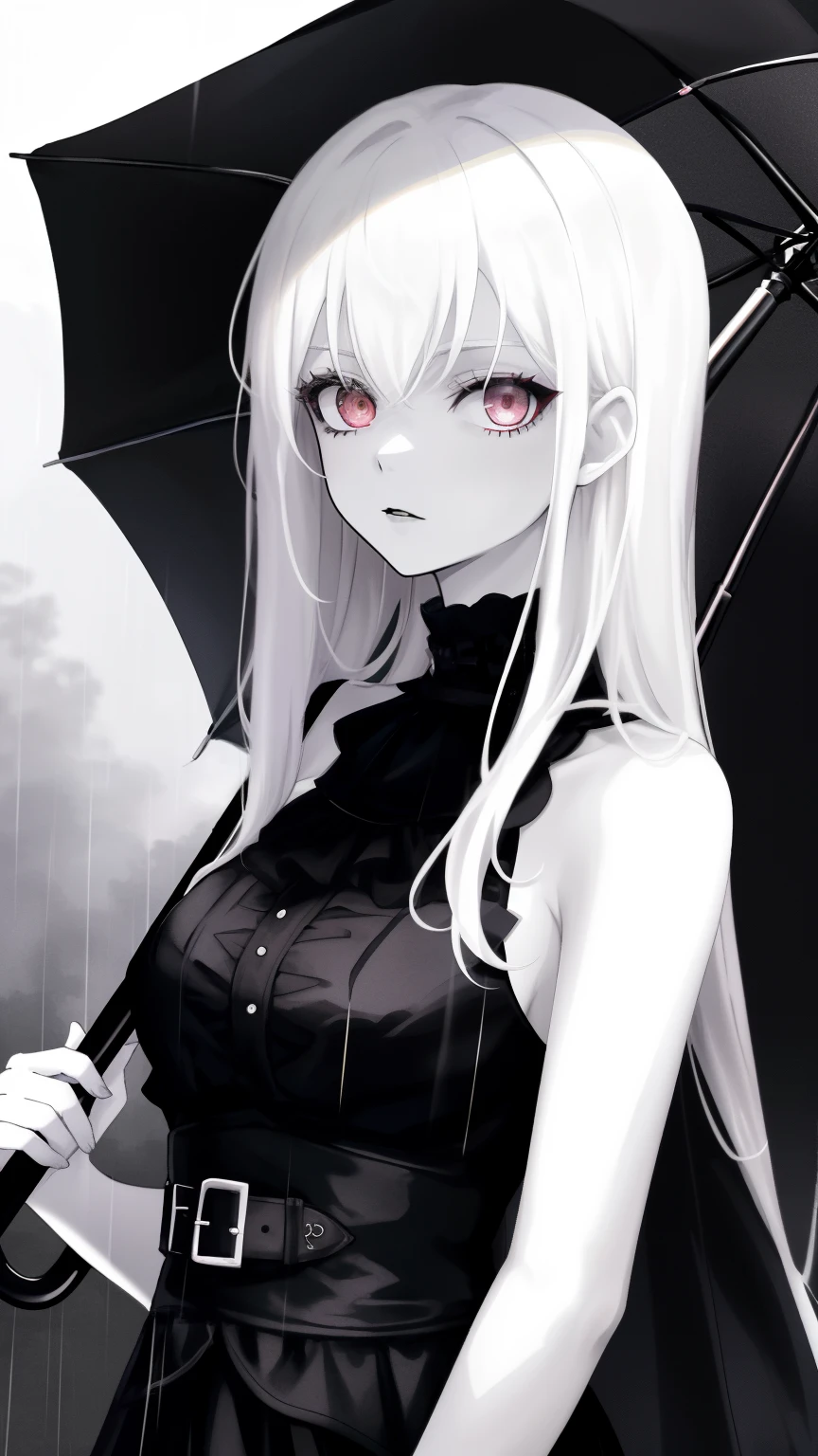 there is a woman holding an umbrella in the rain, pale goth beauty, pale skin and dark eyes, goth girl aesthetic, 1 7 - - old h girl, gothic girl face, with pale skin, goth girl, pale fair skin!!, she has black hair with bangs, darkwave goth aesthetic, dreamy gothic girl, pale ivory skin