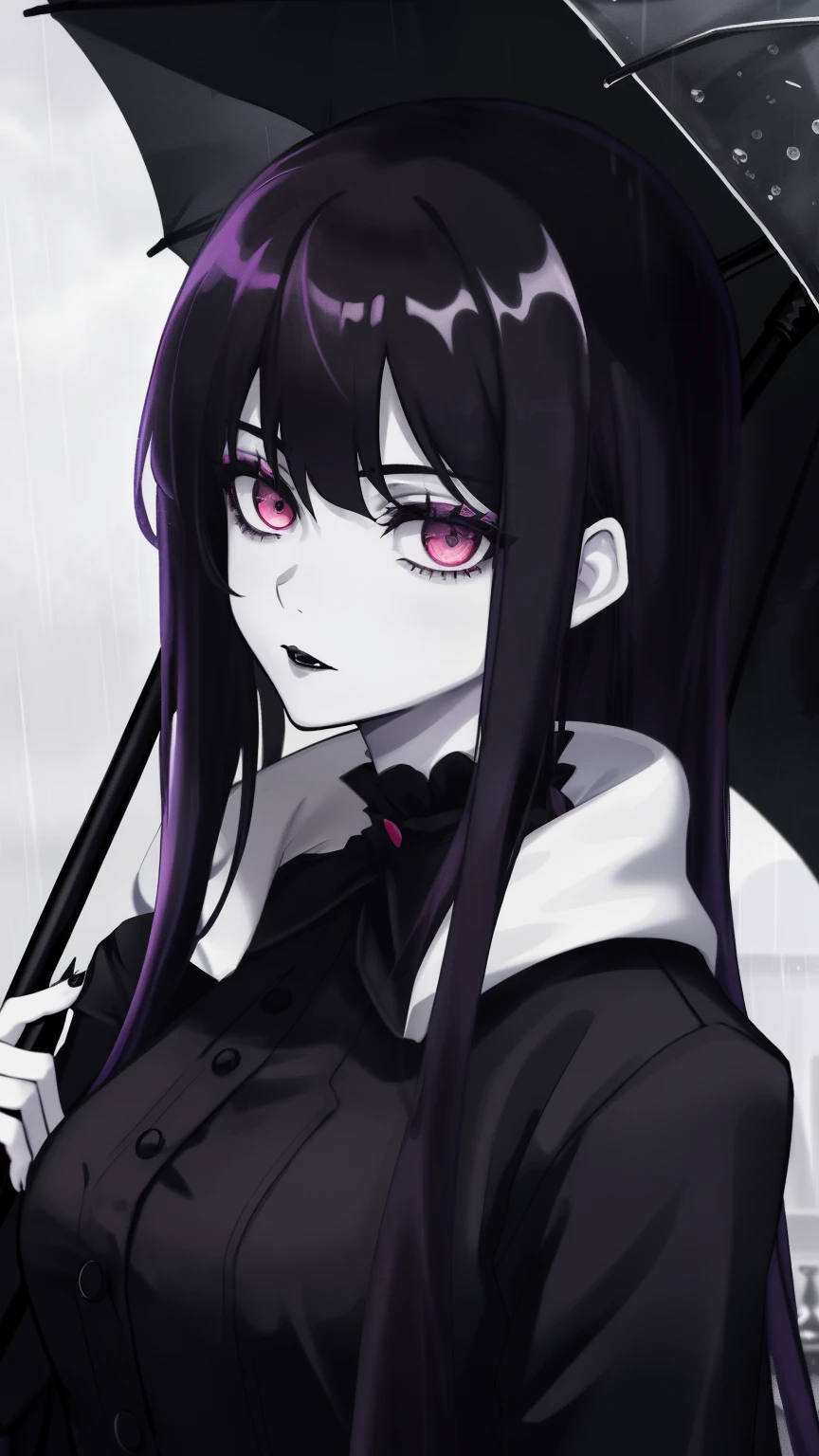 there is a woman holding an umbrella in the rain, pale goth beauty, pale skin and dark eyes, goth girl aesthetic, 1 7 - - old h girl, gothic girl face, with pale skin, goth girl, pale fair skin!!, she has black hair with bangs, darkwave goth aesthetic, dreamy gothic girl, pale ivory skin
